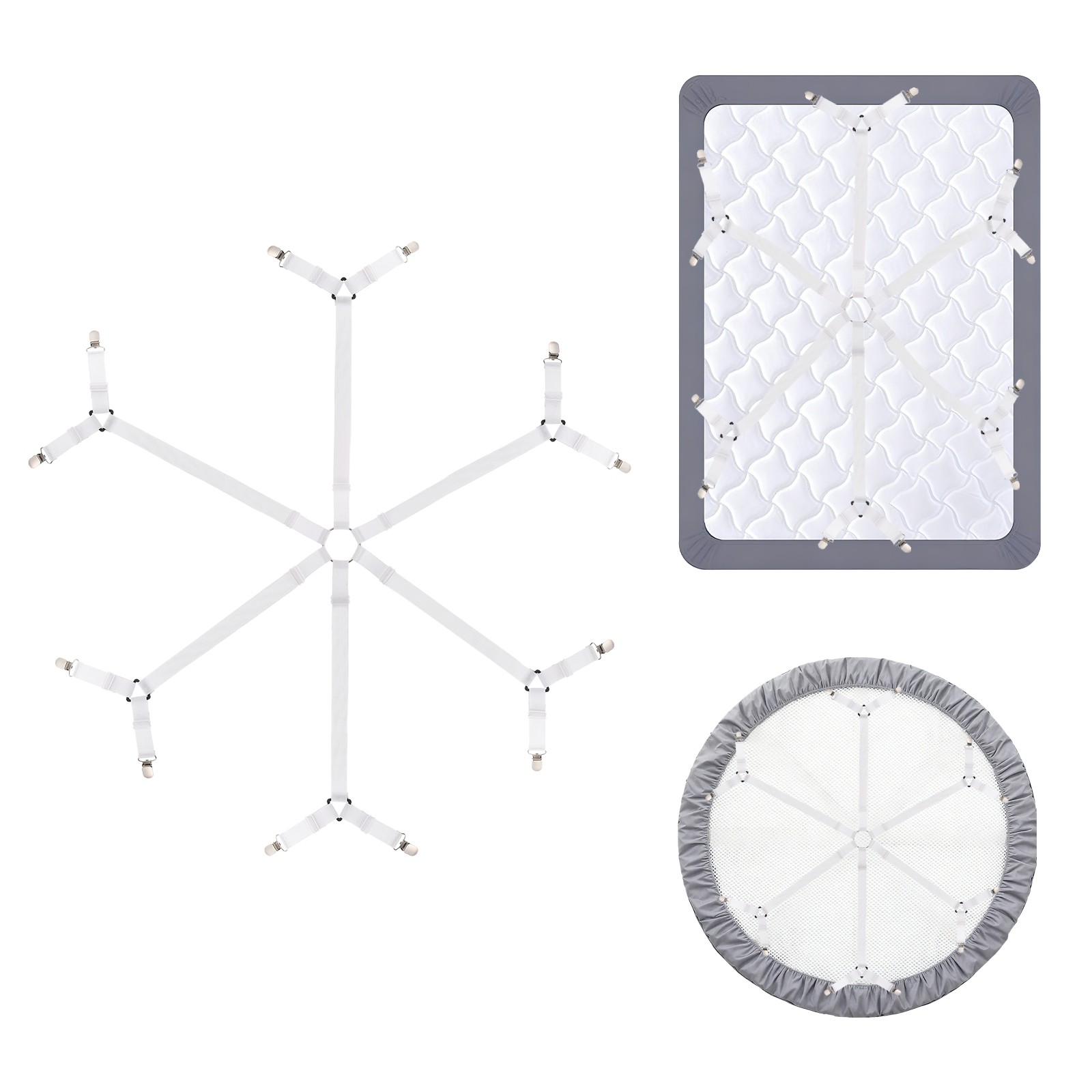 1Pcs Bed Sheet Holder Straps Elastic Adjustable 6 Way Cross 12 Clips, White