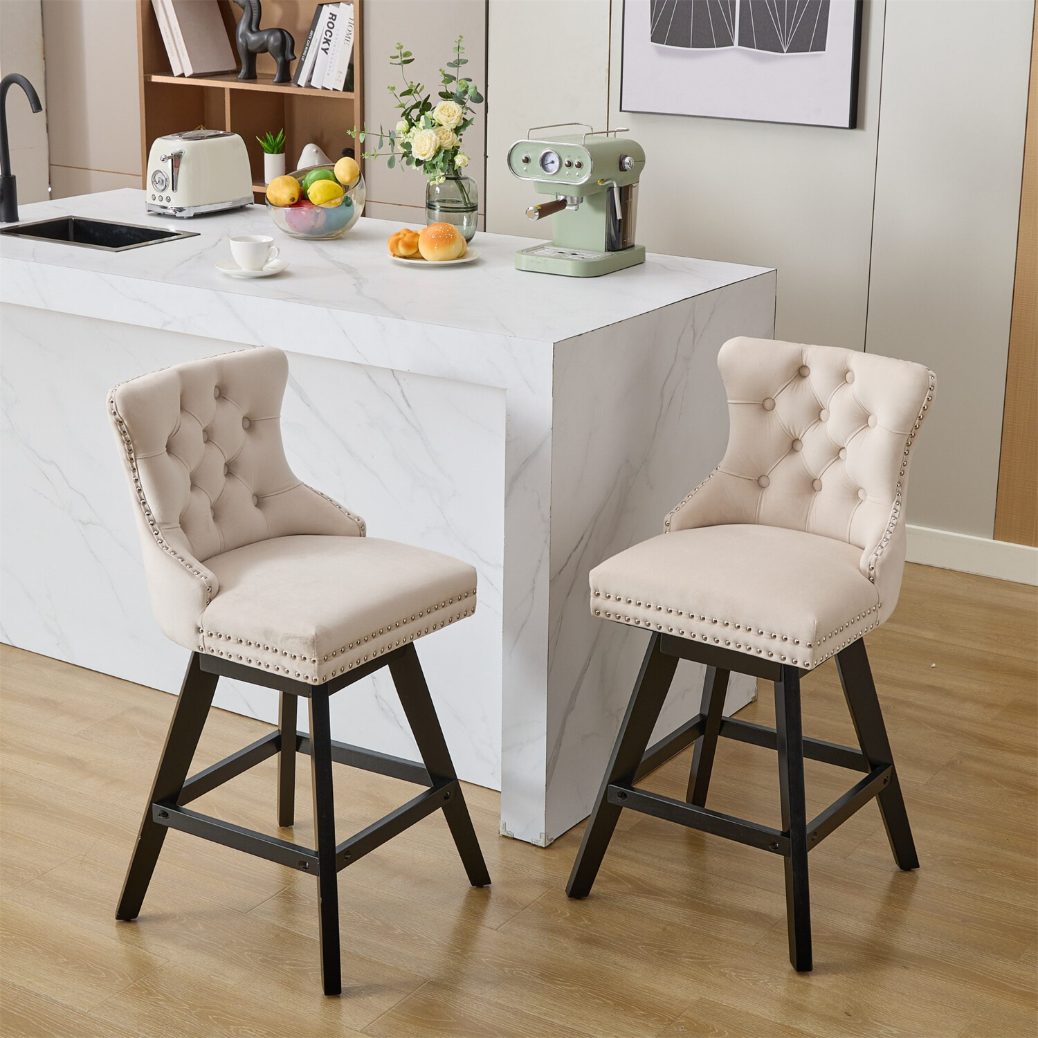 Set of 2 Swivel Velvet Bar Stools Bar Chair Counter Height Dining Chair