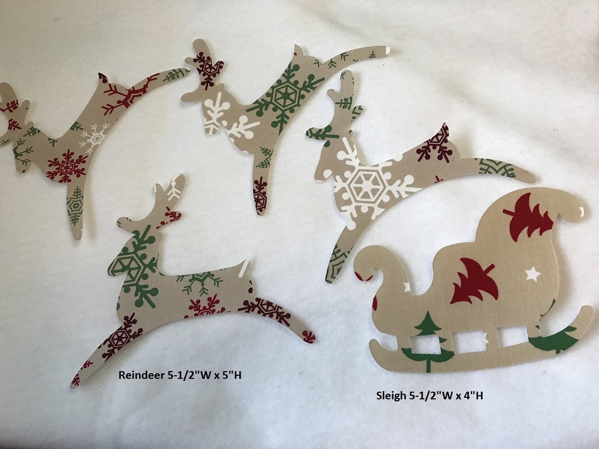 Die Cut Christmas Sleigh & Reindeer  iron-on ready to sew Fabric Applique 4 pc
