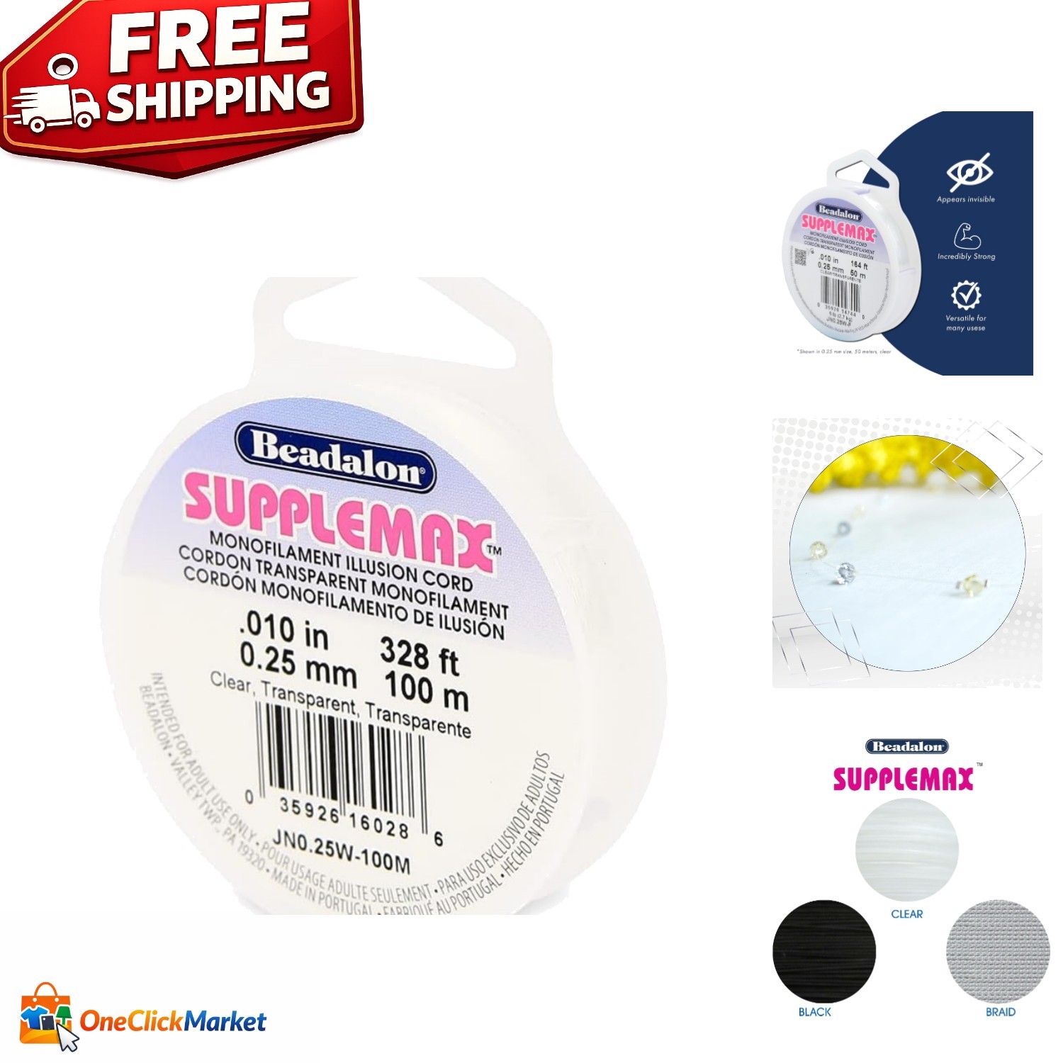 SuppleMax Illusion Beading Cord - 0.25mm Clear Nylon, 328ft for Jewelry & Crafts
