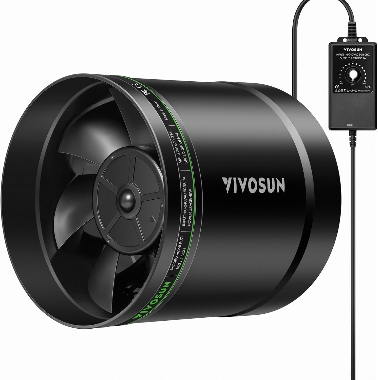 8” Inline Booster Fan with Speed Control, 640 CFM for Quiet Ventilation