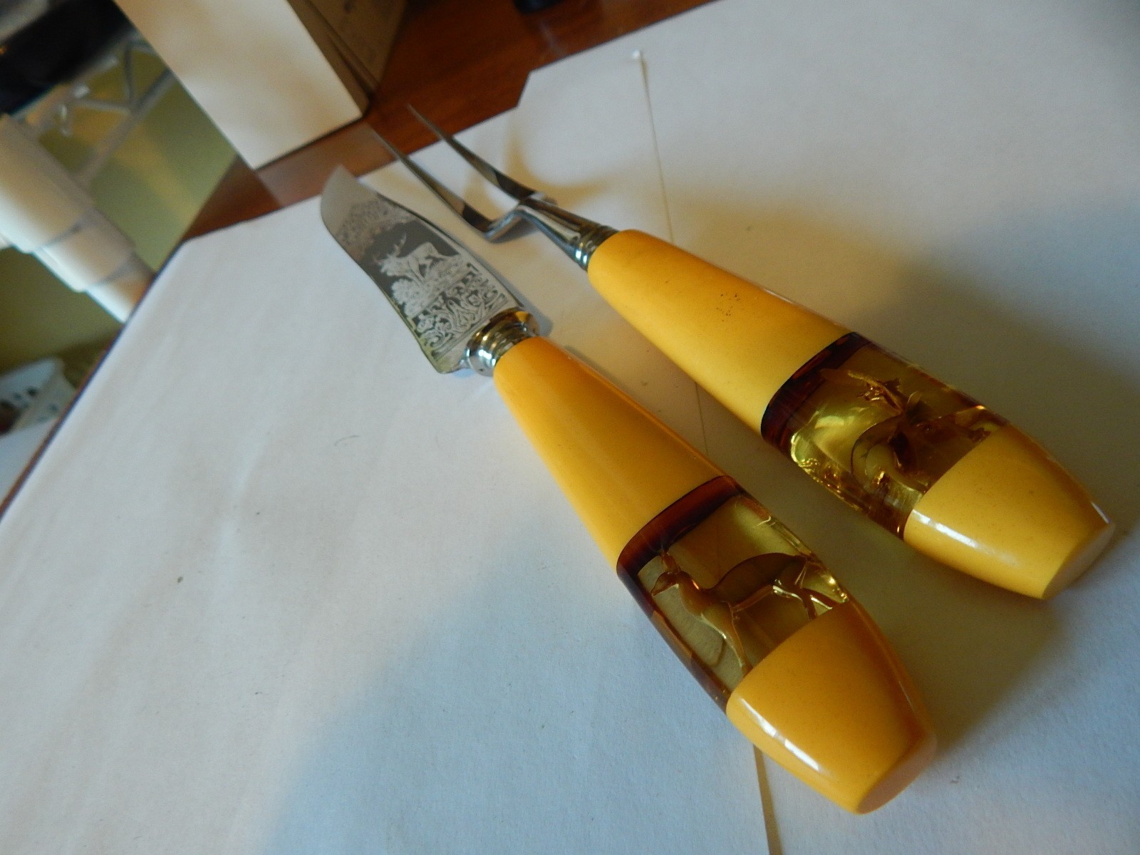 VTG 1950S 60S ? PEABODY GERMANY STAG ELK CARVING SET LUCITE HANDLES ETCHED BLADE