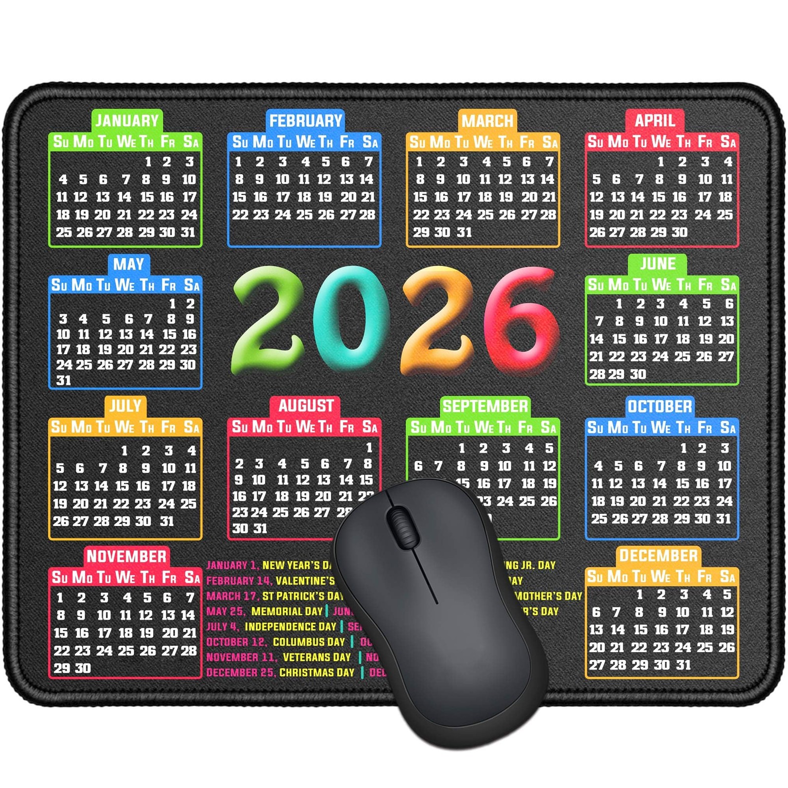 RMYMPMYX Mouse Pad with Stitched 9.6L x 7.9W inches, 2026 Calendar Black