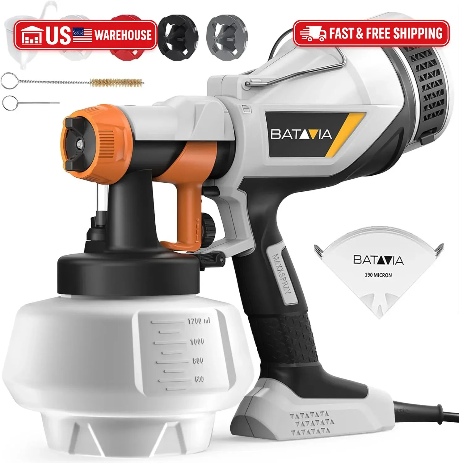 Paint Sprayer - BATAVIA HVLP Electric Spray Paint Gun, 1200ml High Capacity Cont