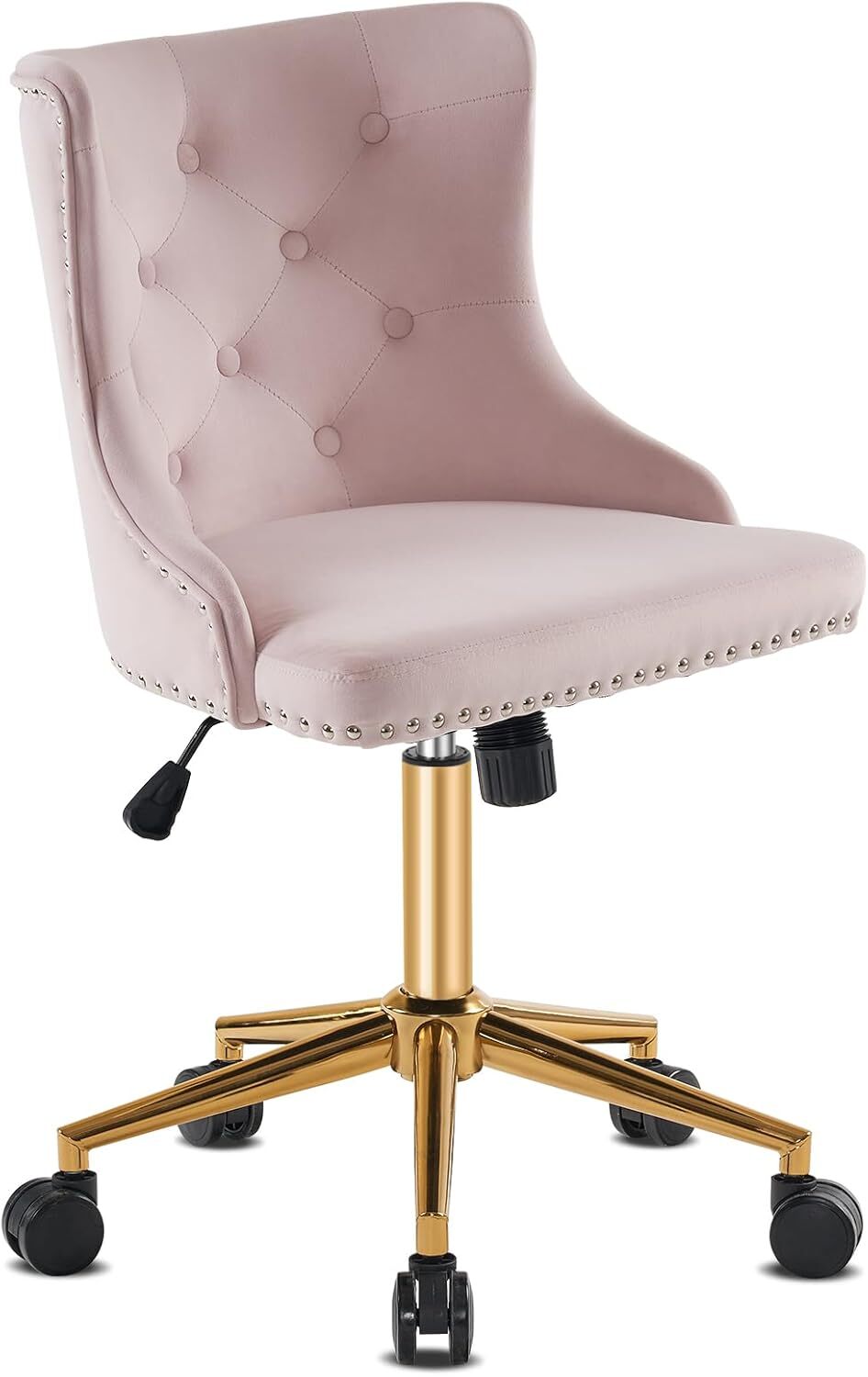 Light Pink Velvet Armless Home Office Desk Chair with Gold Base/Wheels