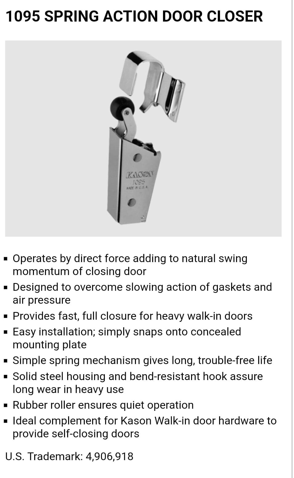Kason 1095 Spring Action Door Closer with Adjustable Wide Hook 7/8