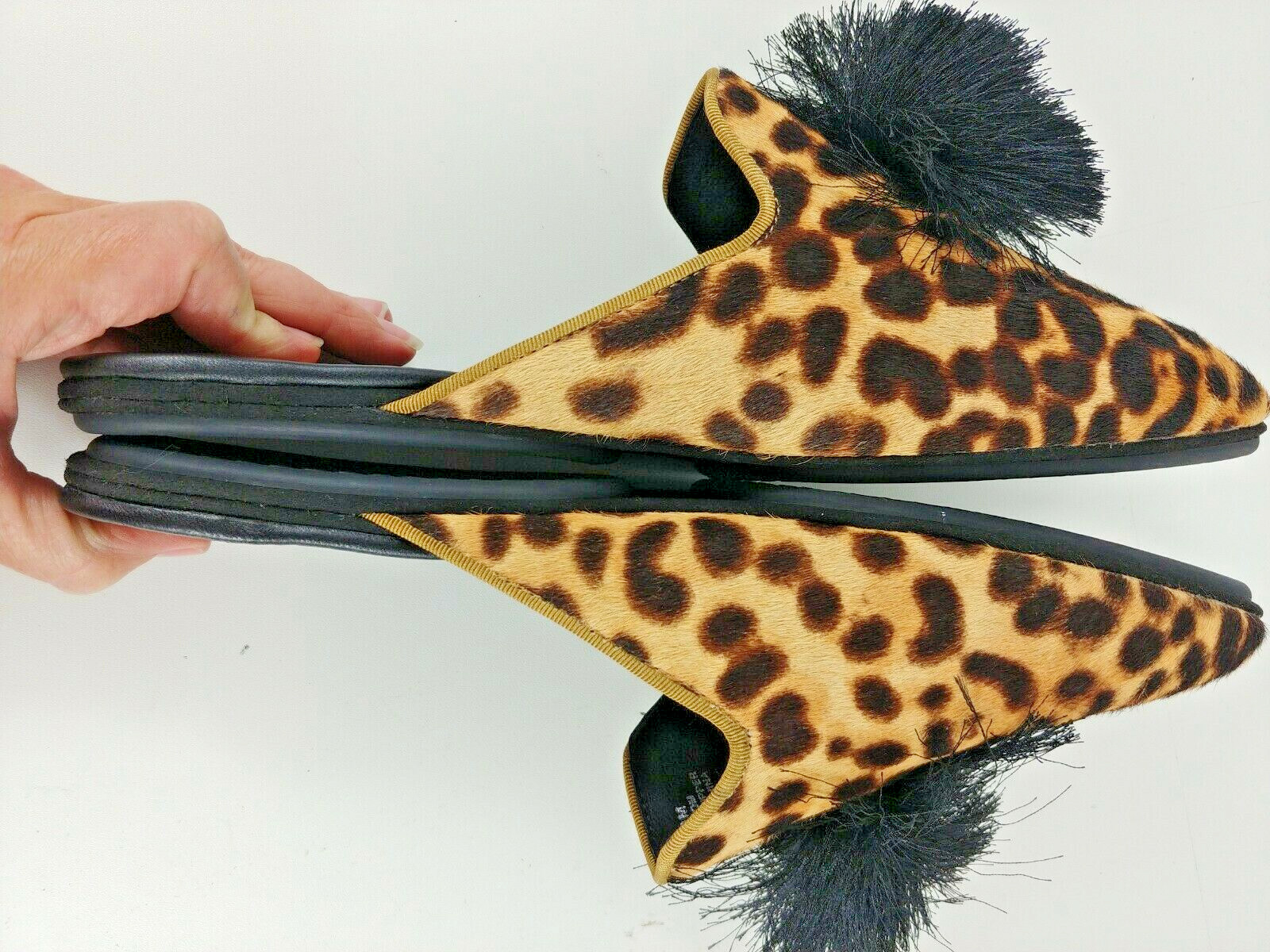 Yosi Samra Vavoom Tan Leopard Print Pom Pom Mules Calf Hair Size 8M 10M 11M