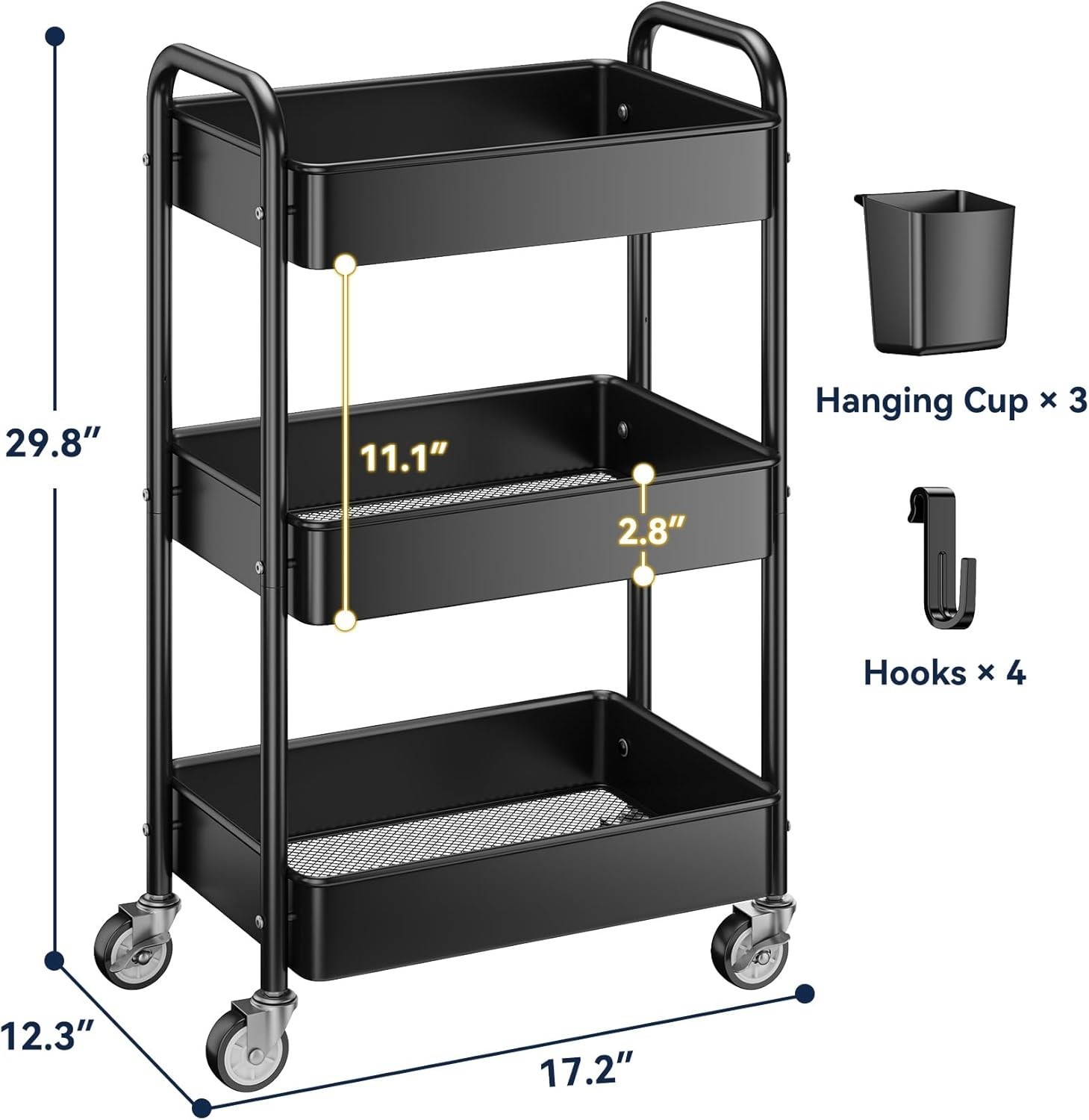Durable 3 Tier Rolling Cart - Lightweight with High Load Capacity for All Spaces
