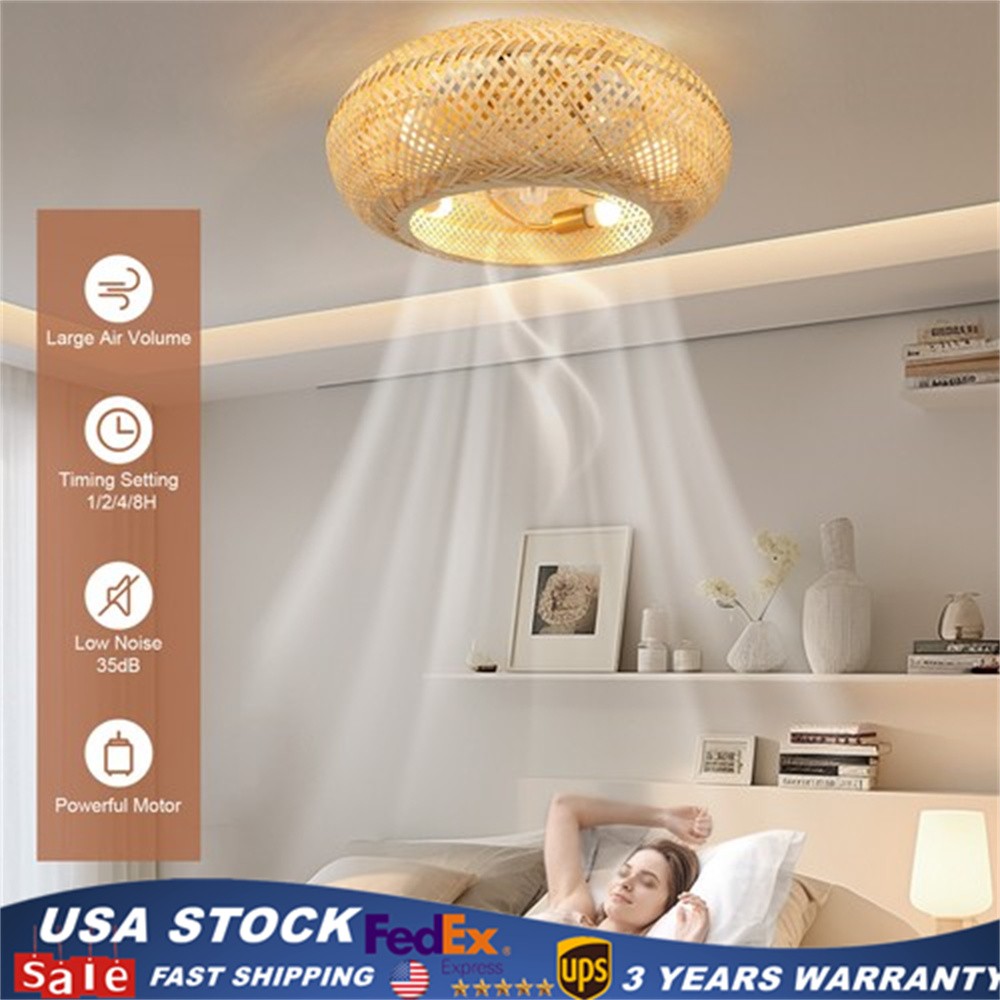 Caged Ceiling Fan w/ Light &Remote Farmhouse Rattan Woven Bamboo Lamp Boho Style
