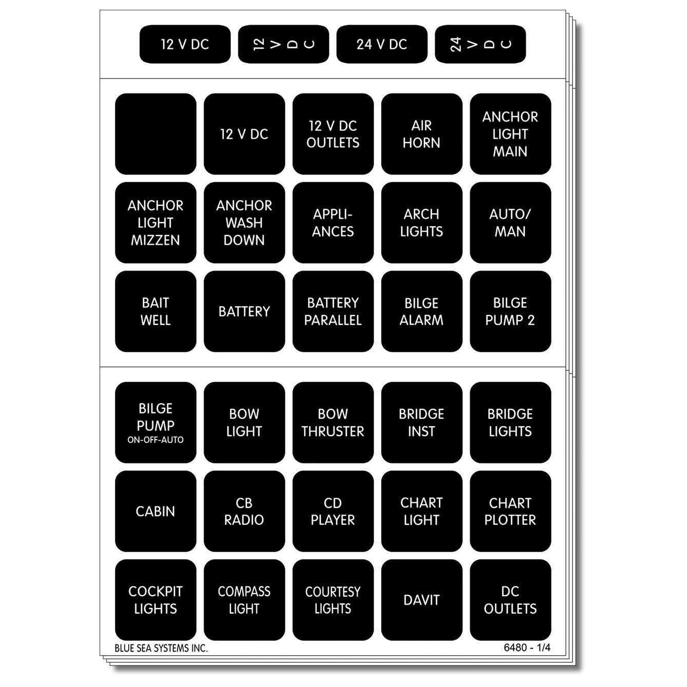 Blue Sea 4217 Marine Waterproof DC Label Kit 120 Black Square Labels Boat