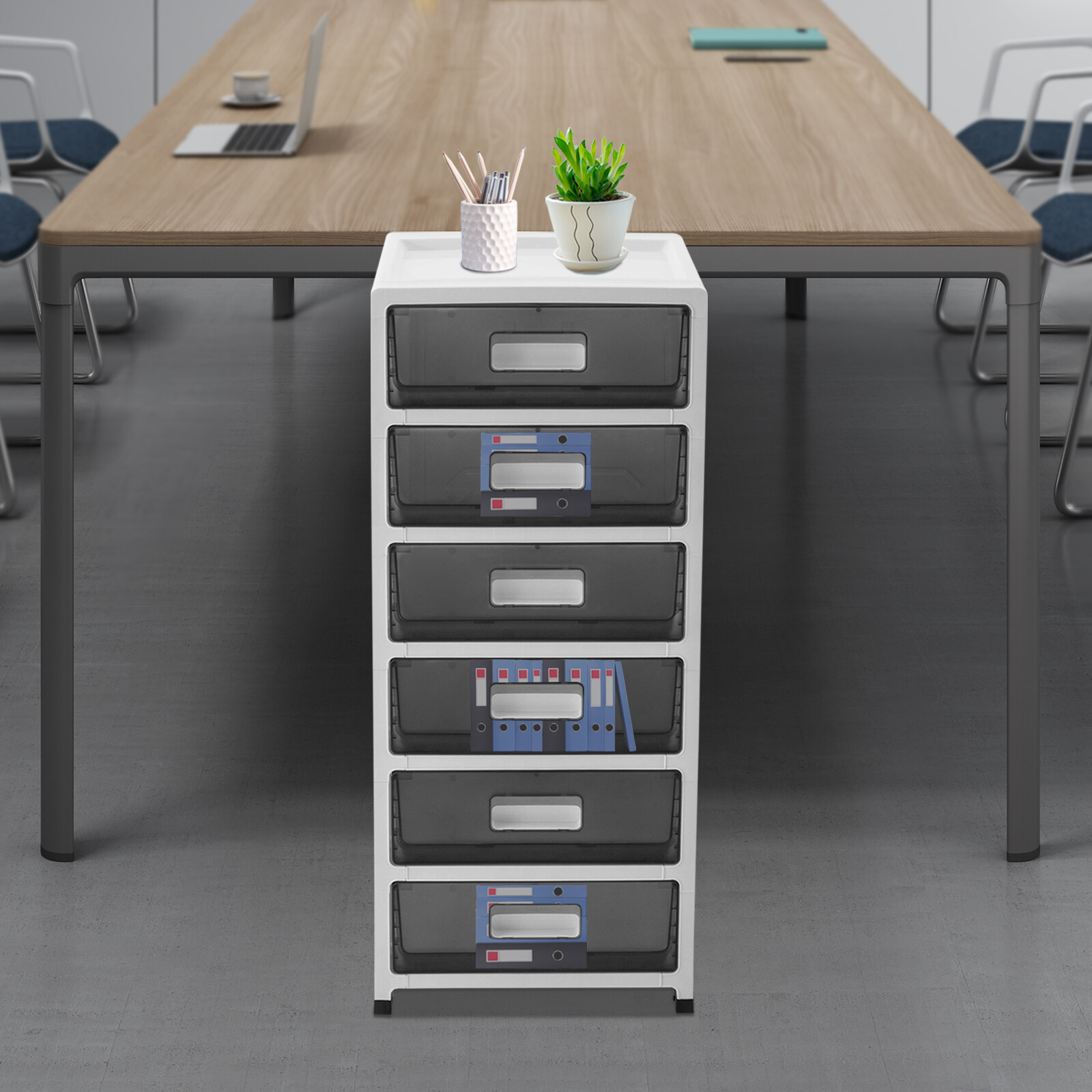Large 6-Drawer Desktop Organizer with Open Tray Top, for Desk Organizer, Black