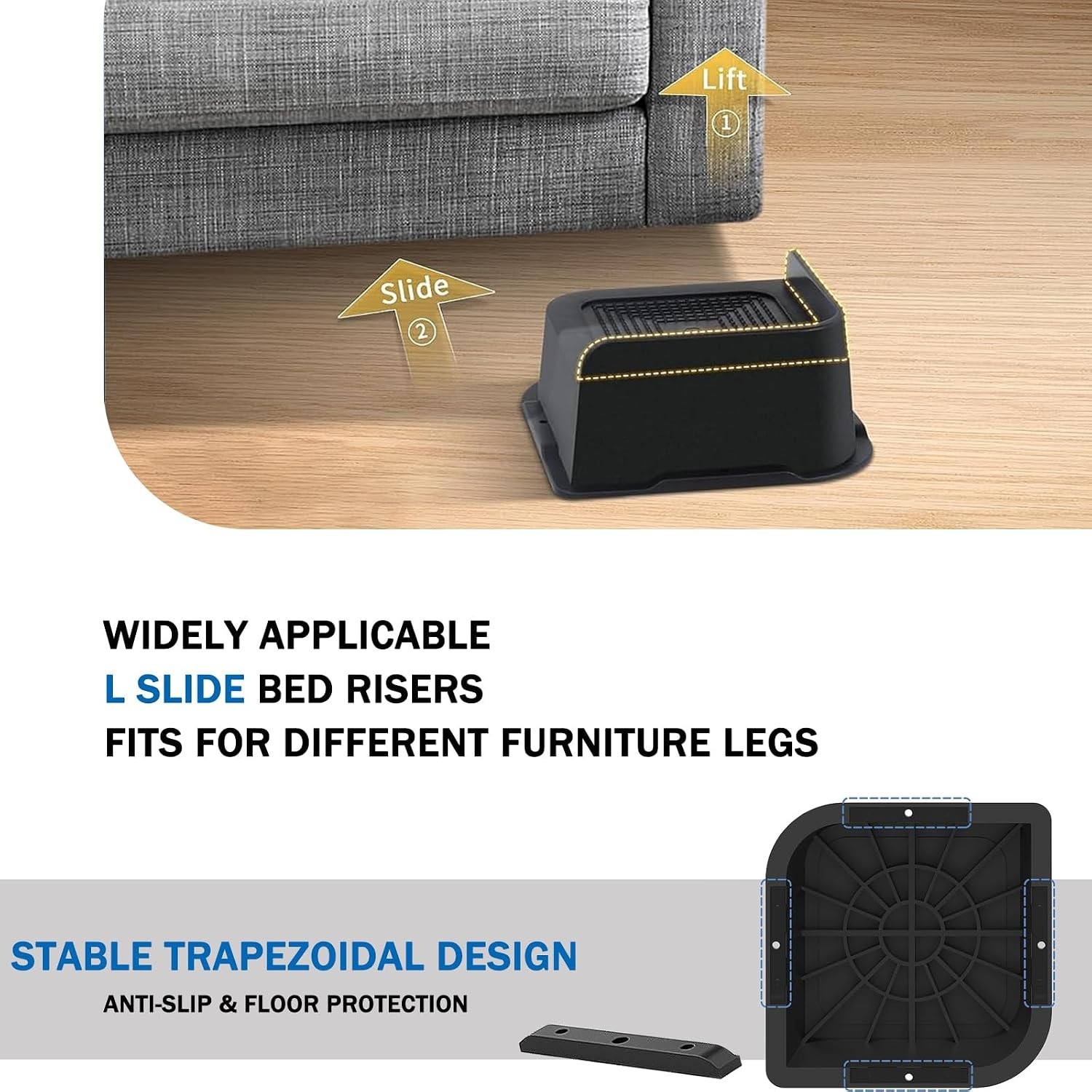 Sturdy 2 Inch Bed & Couch Risers - 4 Pack, Maximum Stability & Floor Protection
