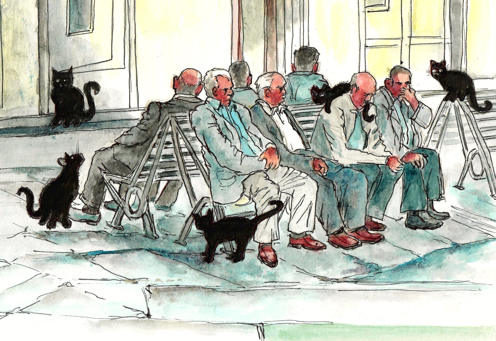 Cats And Old Men,  Black Cats And Friends, Neighborhood Cats, Old Friends