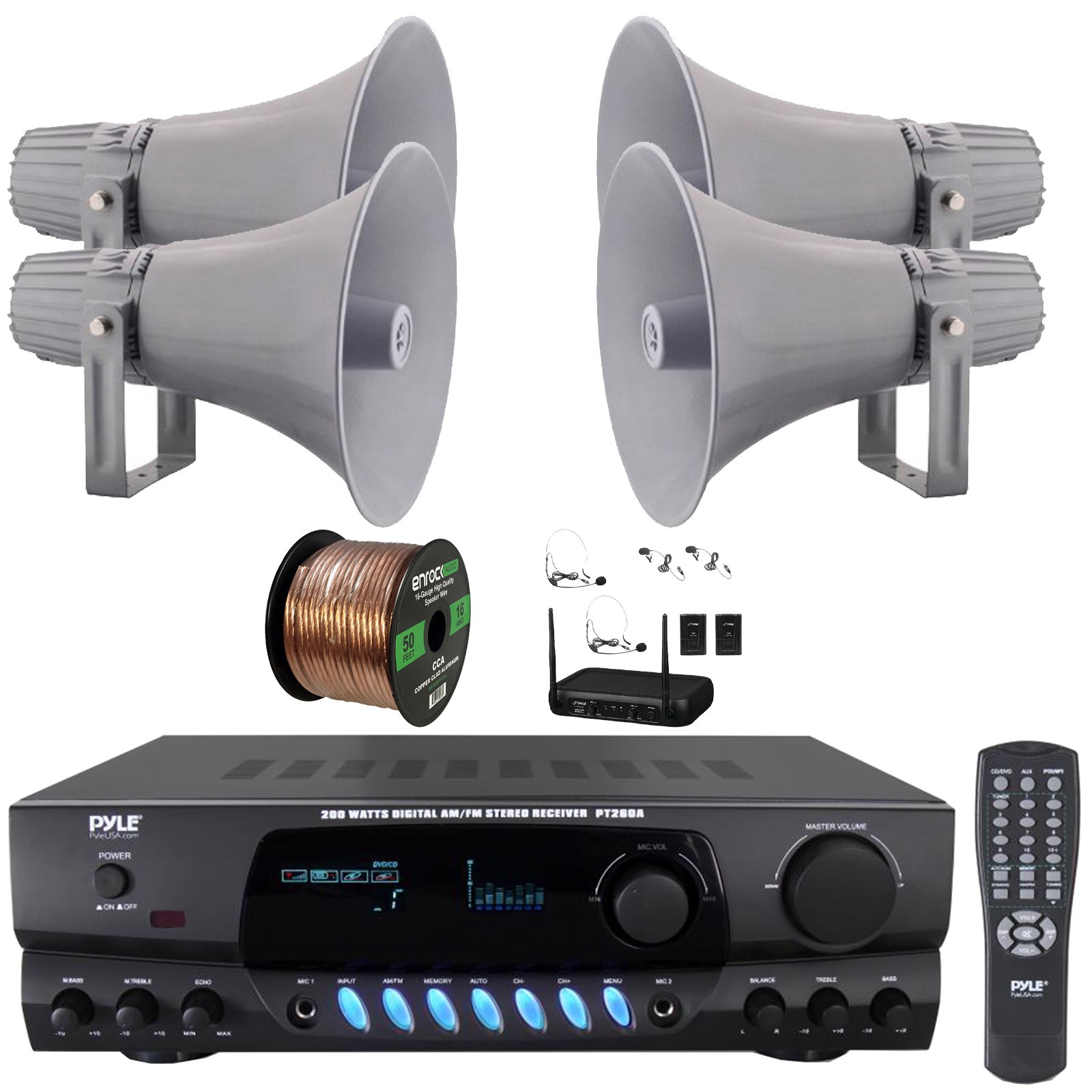 Pyle PT260A Display Receiver, 4x 12.7'' 60W RMS PA Horn Speakers, Mic System