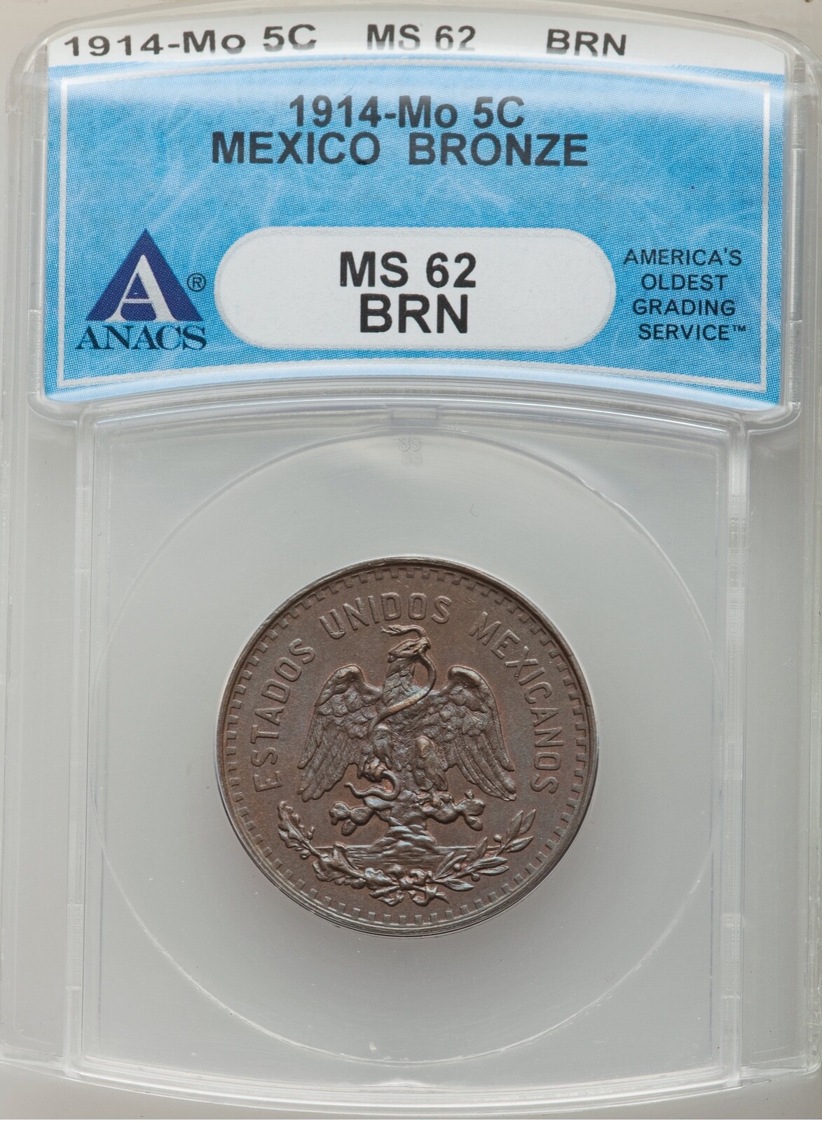 MEXICO ESTADOS UNIDOS 1914  5 CENTAVOS COIN CERTIFIED UNCIRCULATED ANACS MS62-BN