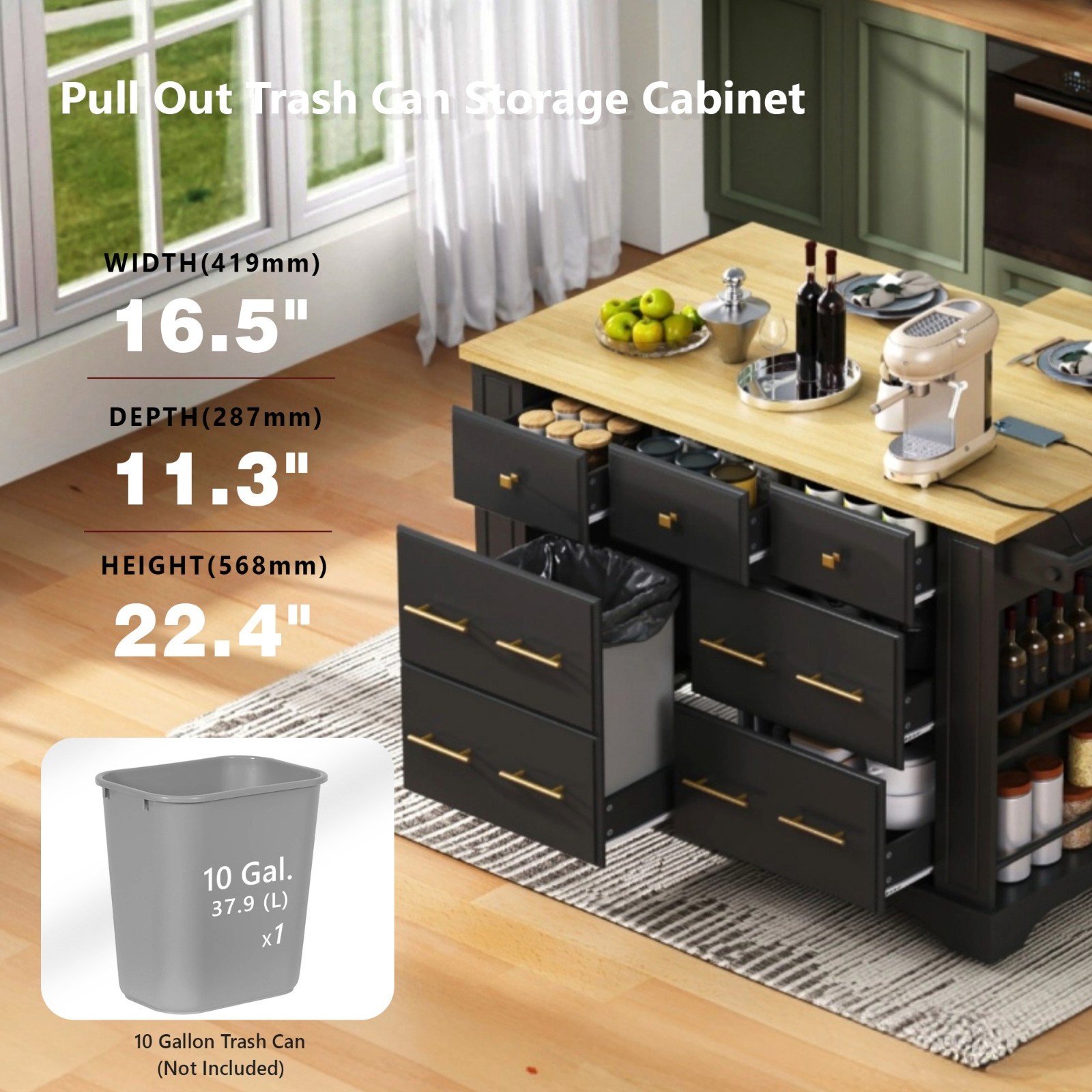 Kitchen Island w/6 Drawers, Pull Out Trash Can Storage, Rolling Kitchen Island