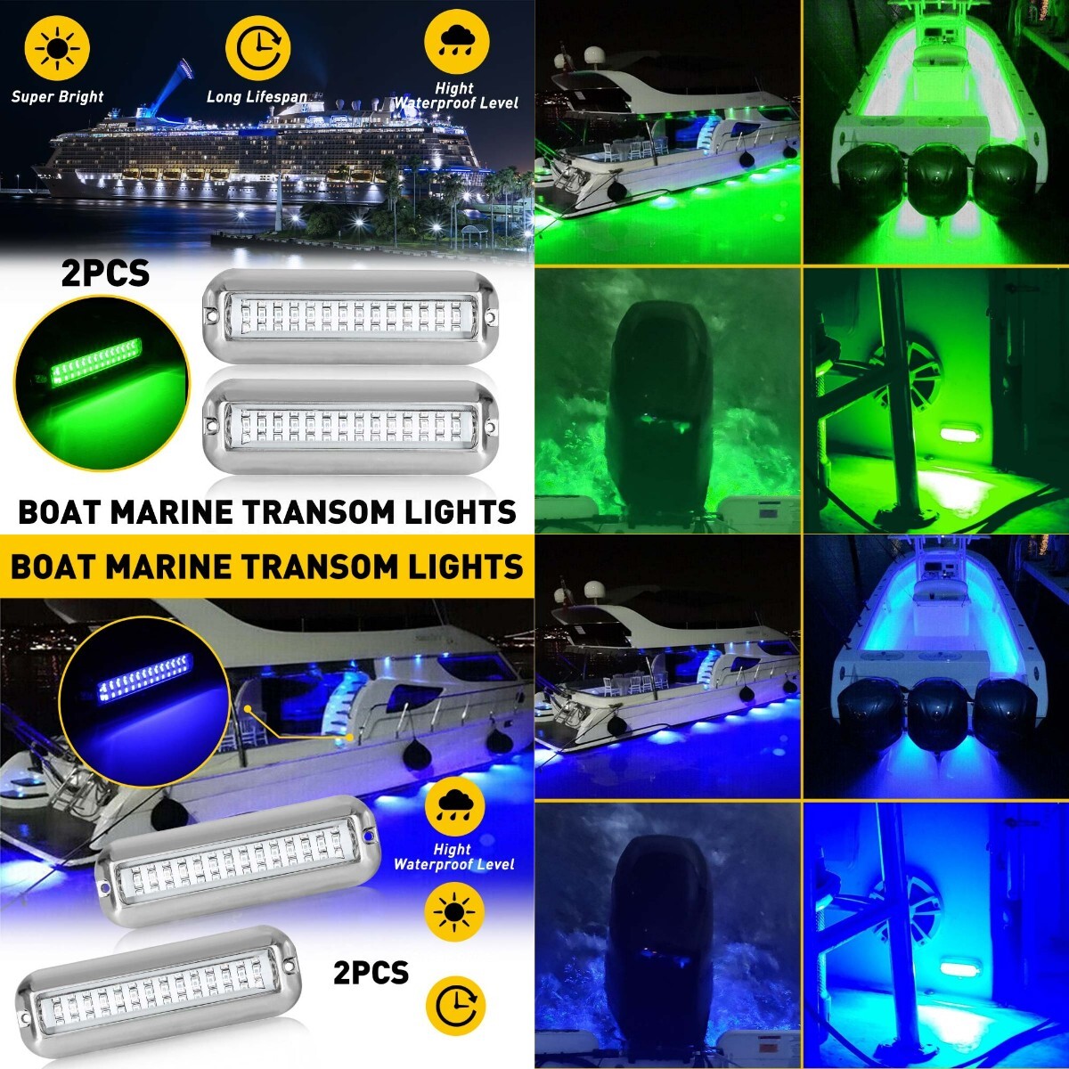 42 LED Green 316 Stainless Steel Underwater Boat Transom Marine Lights Pontoon