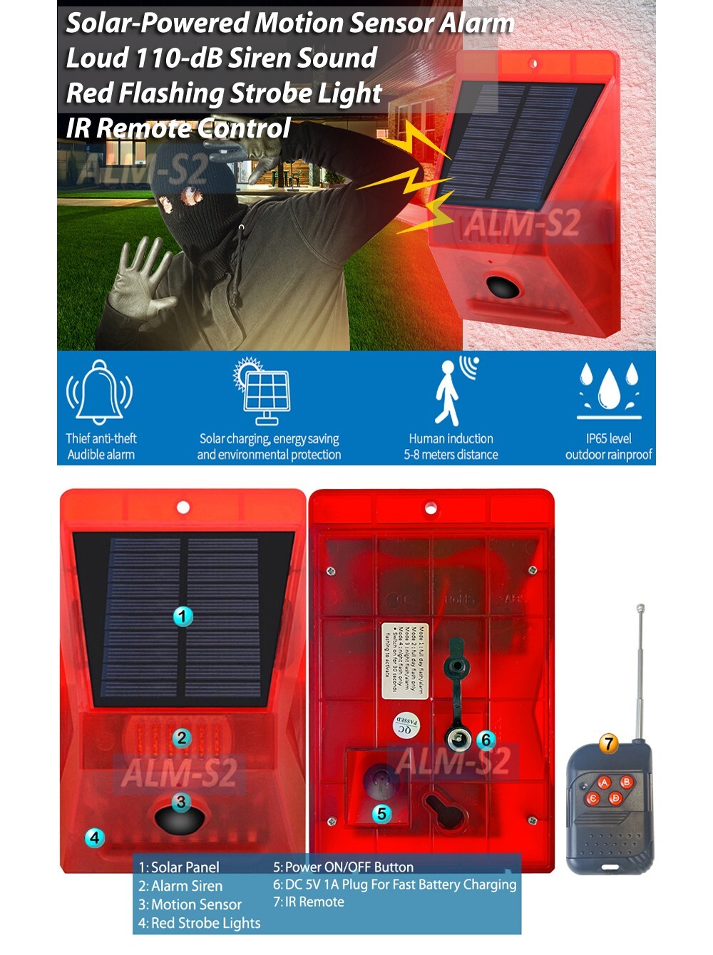 Motion Security Entrance Alarm Solar Panel DC 5V Power Red Strobe Light