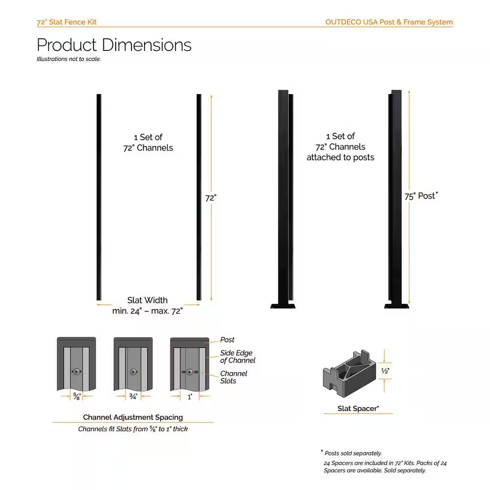 72 In. Black Galvanized Steel Adjustable Slat Fence Frame Kit