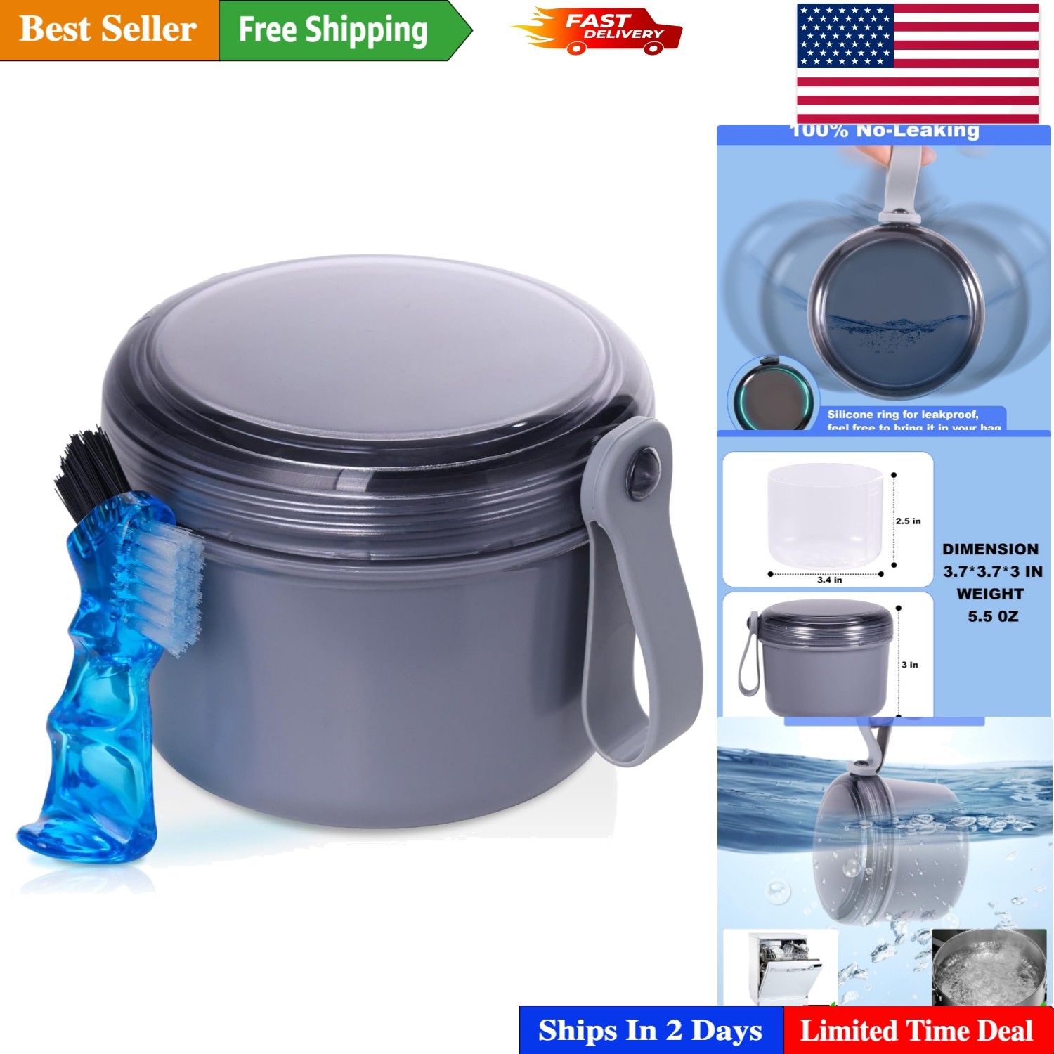Leak-Proof Denture Container for Full & Partial Dentures – Grey