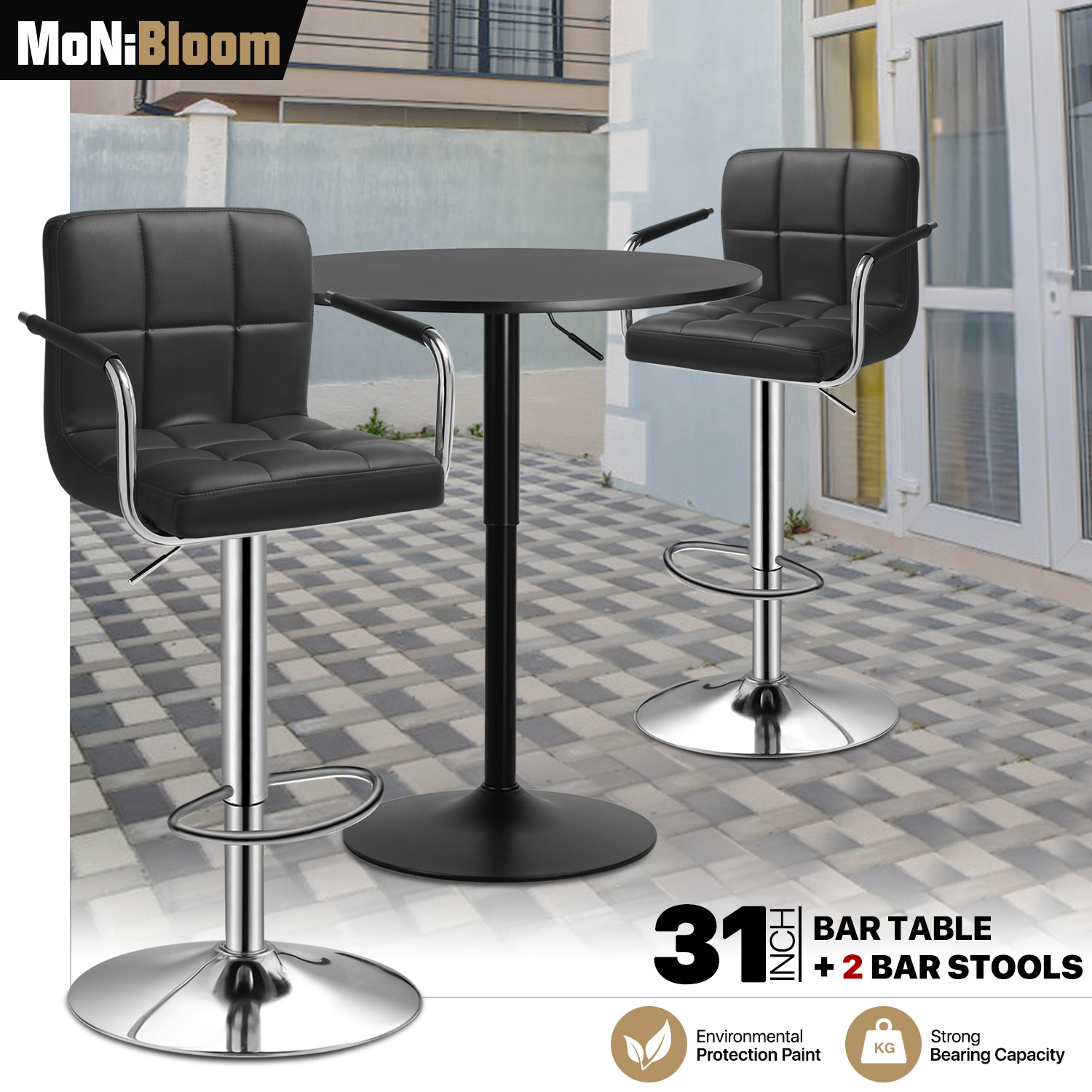 3 Piece Wooden Pub Table 2 Bar Stools Set Adjustable Counter Height Dining Chair