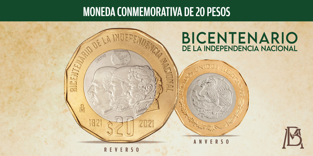 MEXICO 20 PESOS COIN MONEDAS 2021 BICENTENARIO INDEPENDENCIA NACIONAL