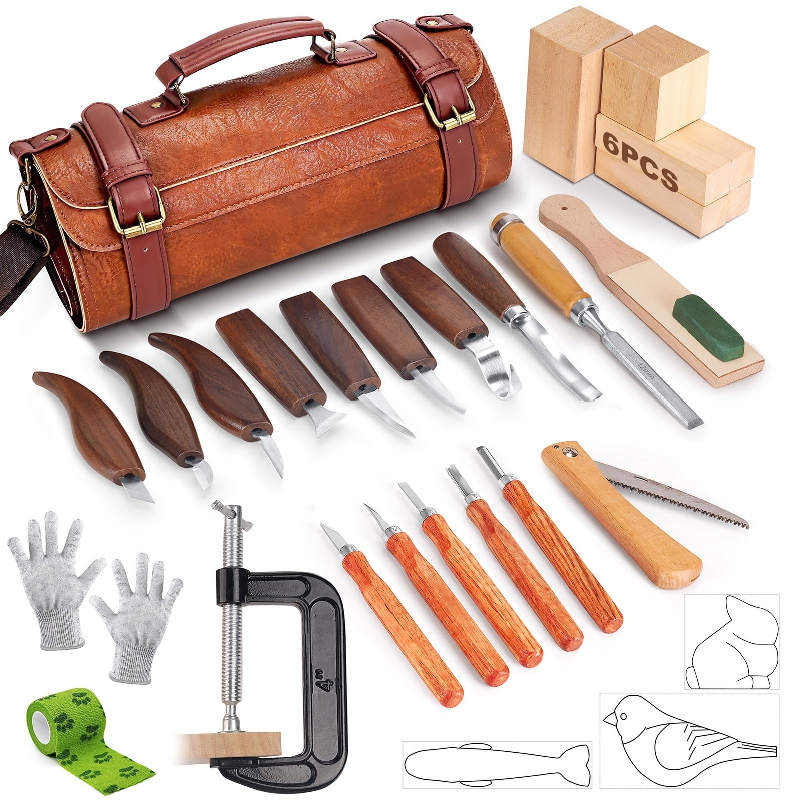 Wood Carving Tools, 27Pcs Wood Carving Kit with Leather Storage Bag,14Pcs Whi...