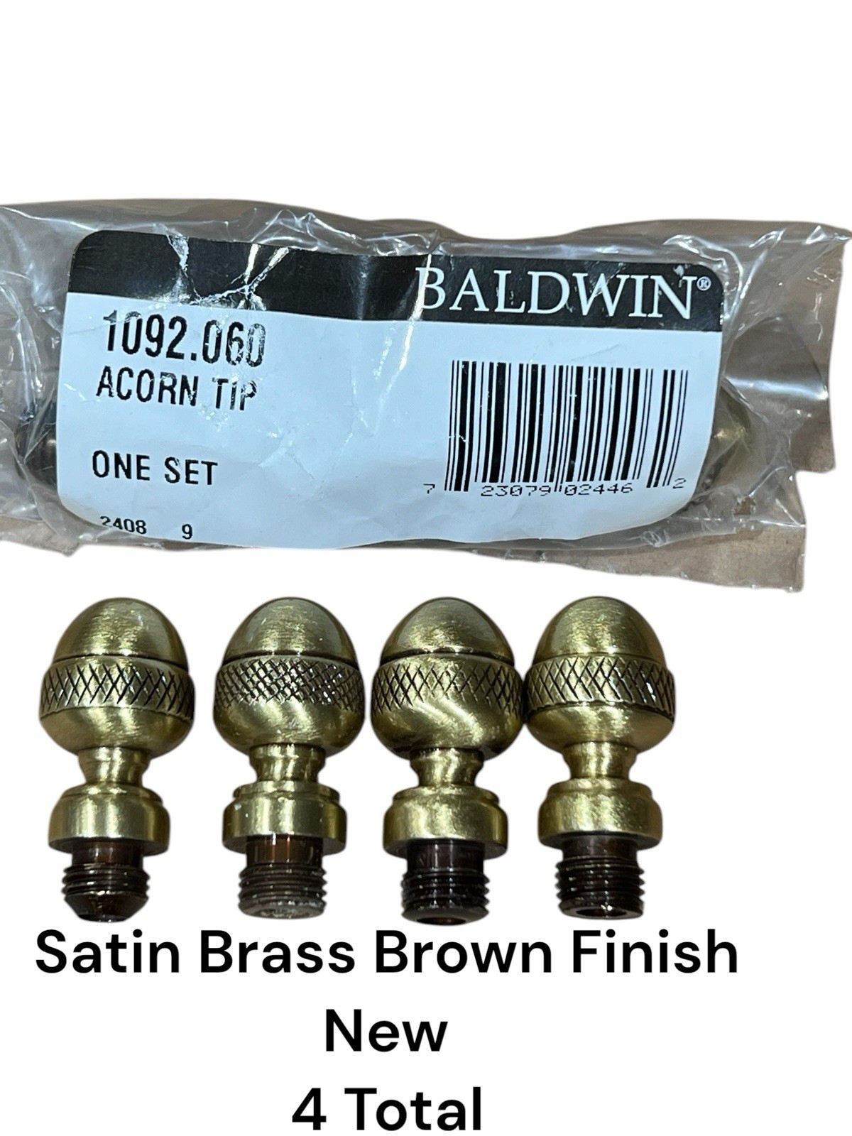 Baldwin 1092-060 Satin Brass/Brown Finial Acorn Hinge Tips Set (4) Total NOS