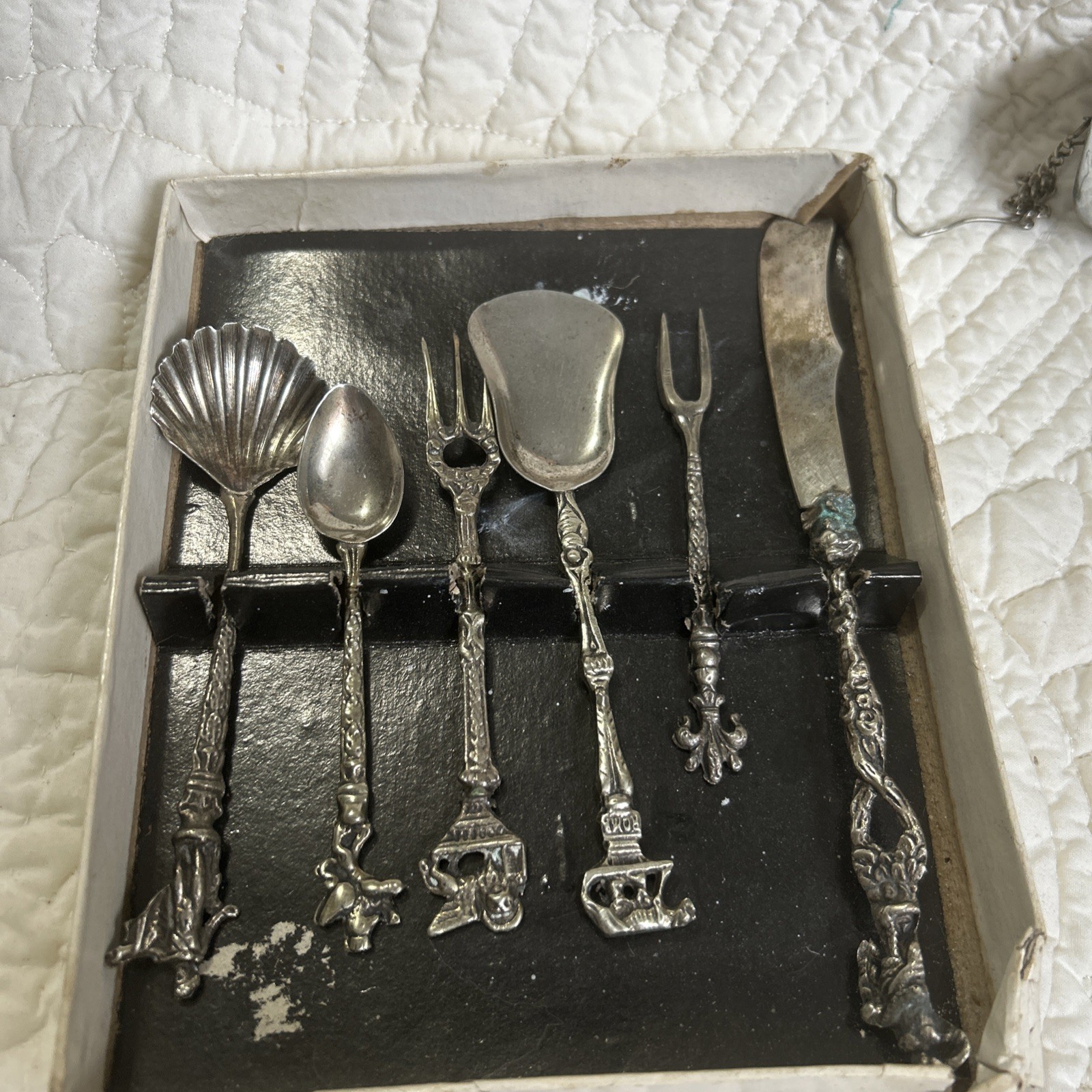 Italian Vintg  Decorative 6 pc. Metal Relish Tray Utinsels with 1/2 Original Box