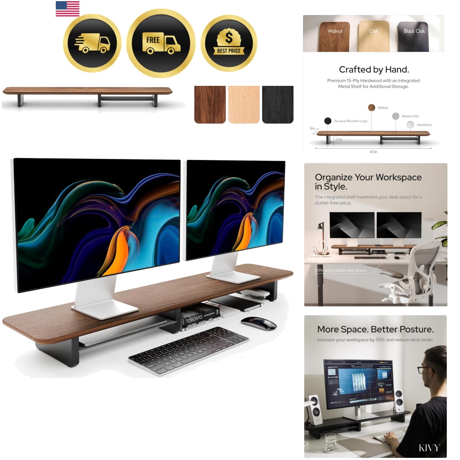 Dual Monitor Riser with Metal Shelf Wooden Desk Stand for 2 Monitors Walnut