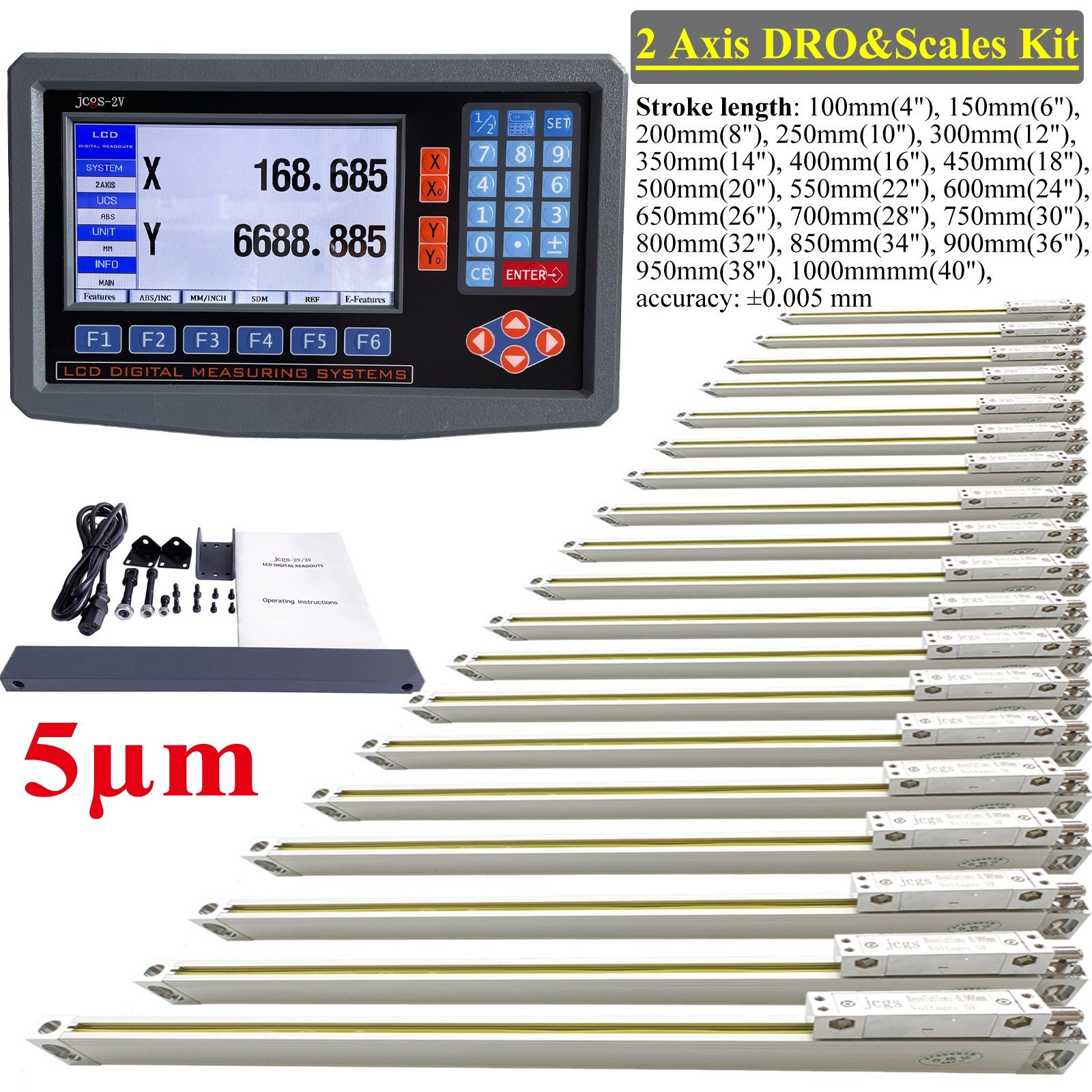 2 Axis LCD Digital Readout with Precision Linear Scale for Bridgeport Mill Lathe