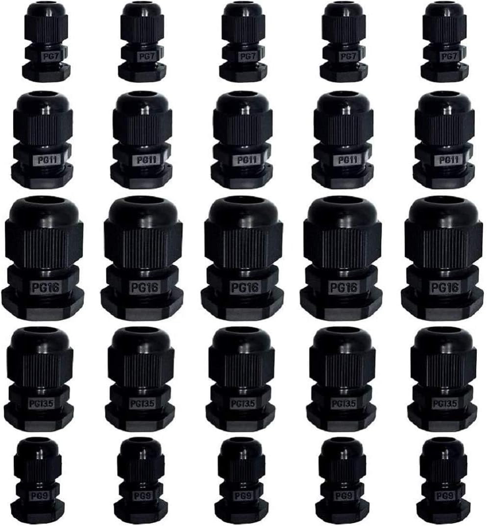25 Pack Waterproof Cable Glands Pg7 Pg9 Pg11 Pg13.5 Pg16 For Electrical Conne...