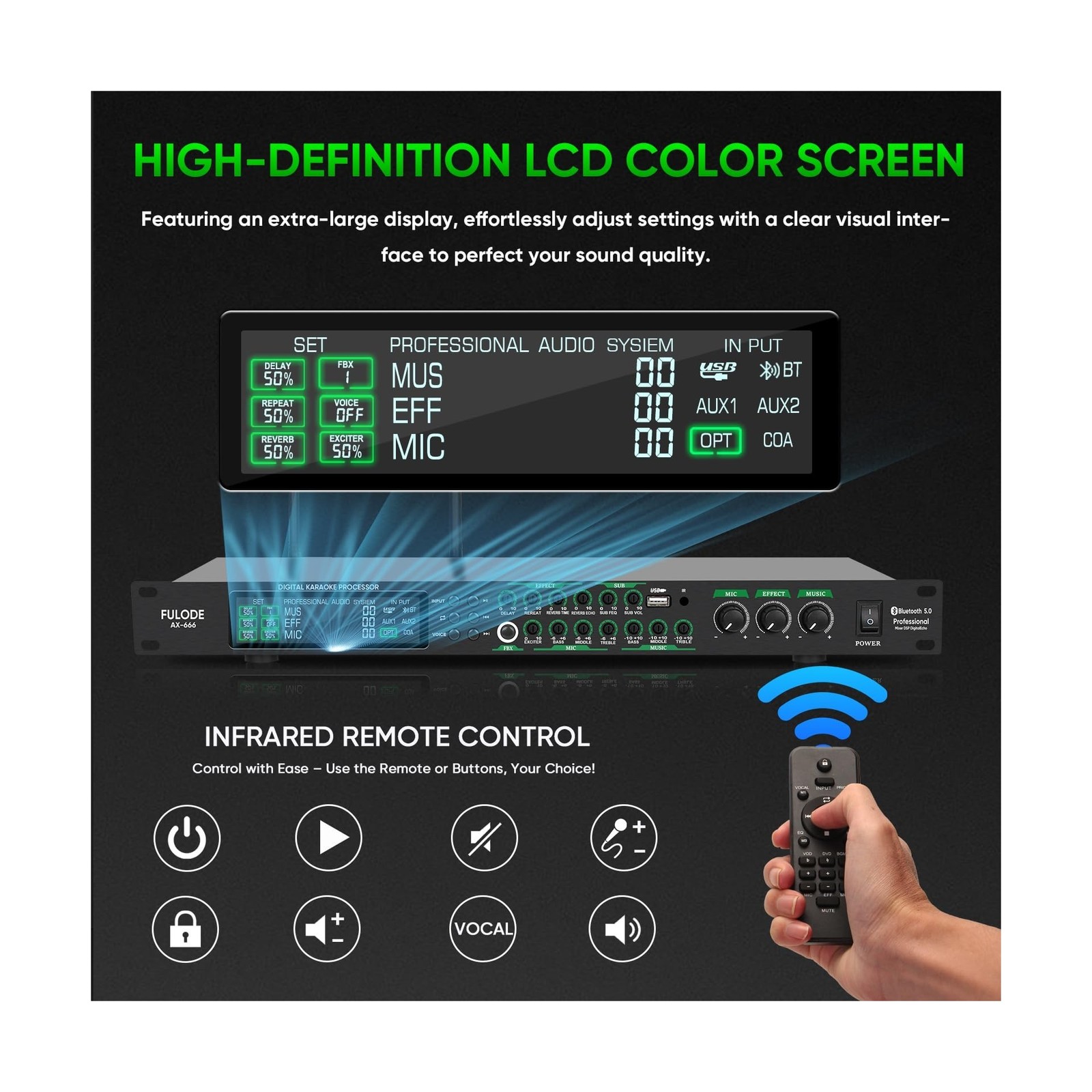 AX-666 Professional Karaoke Processor KTV Mixer with Dual Wireless Microphone...