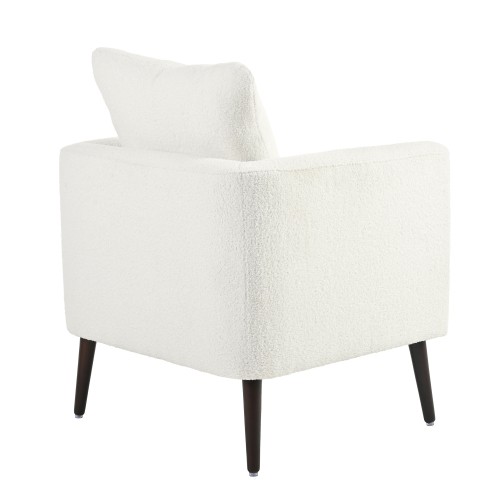 White Teddy Fabric Upholstered Club Chair Solid Wood Legs Lumbar Pillow Single