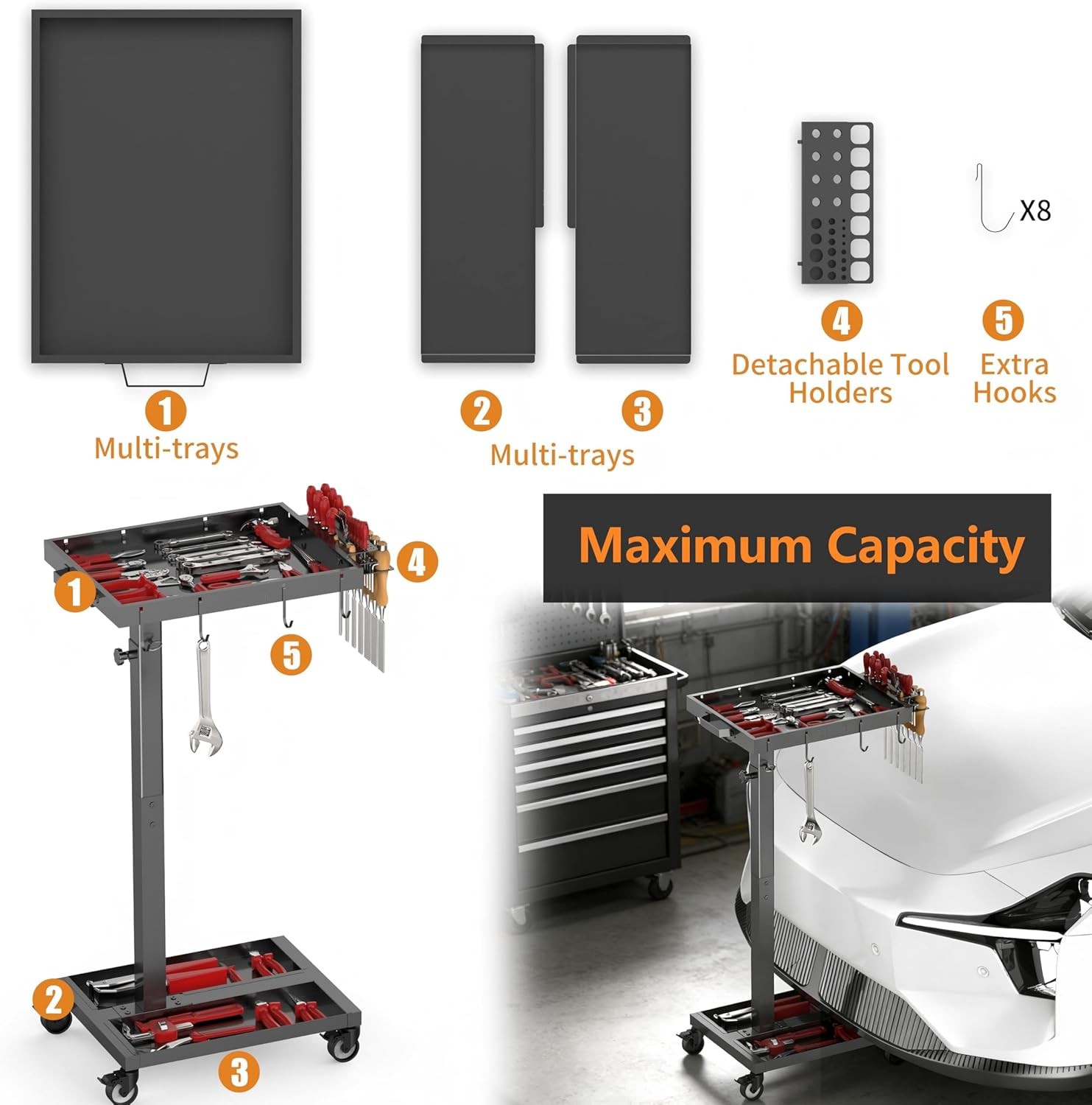 Adjustable Height Tool Cart W/ Wheels Garage Mechanic Rolling Tool Tray Table