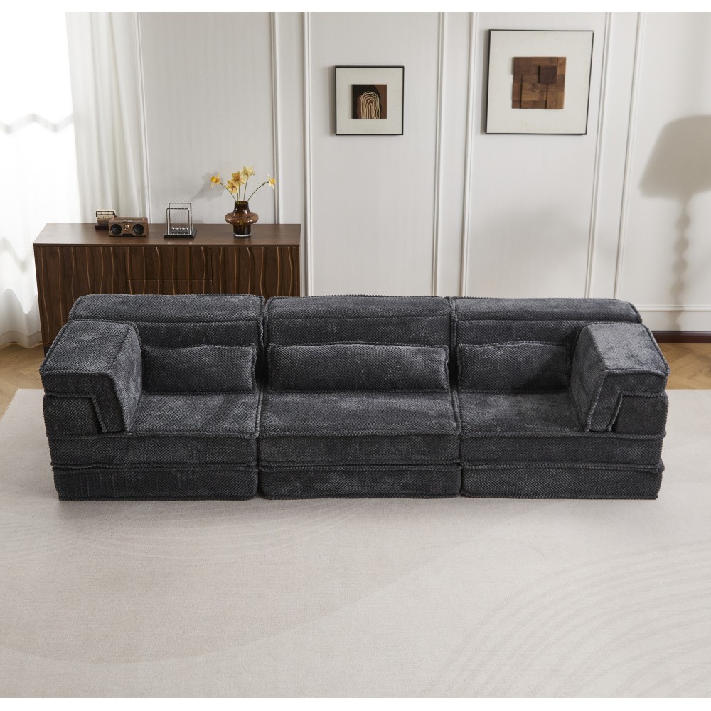 Convertible Floor Sofa Bed w/ Pillows, Dark Gray Circle Fleece Fabric