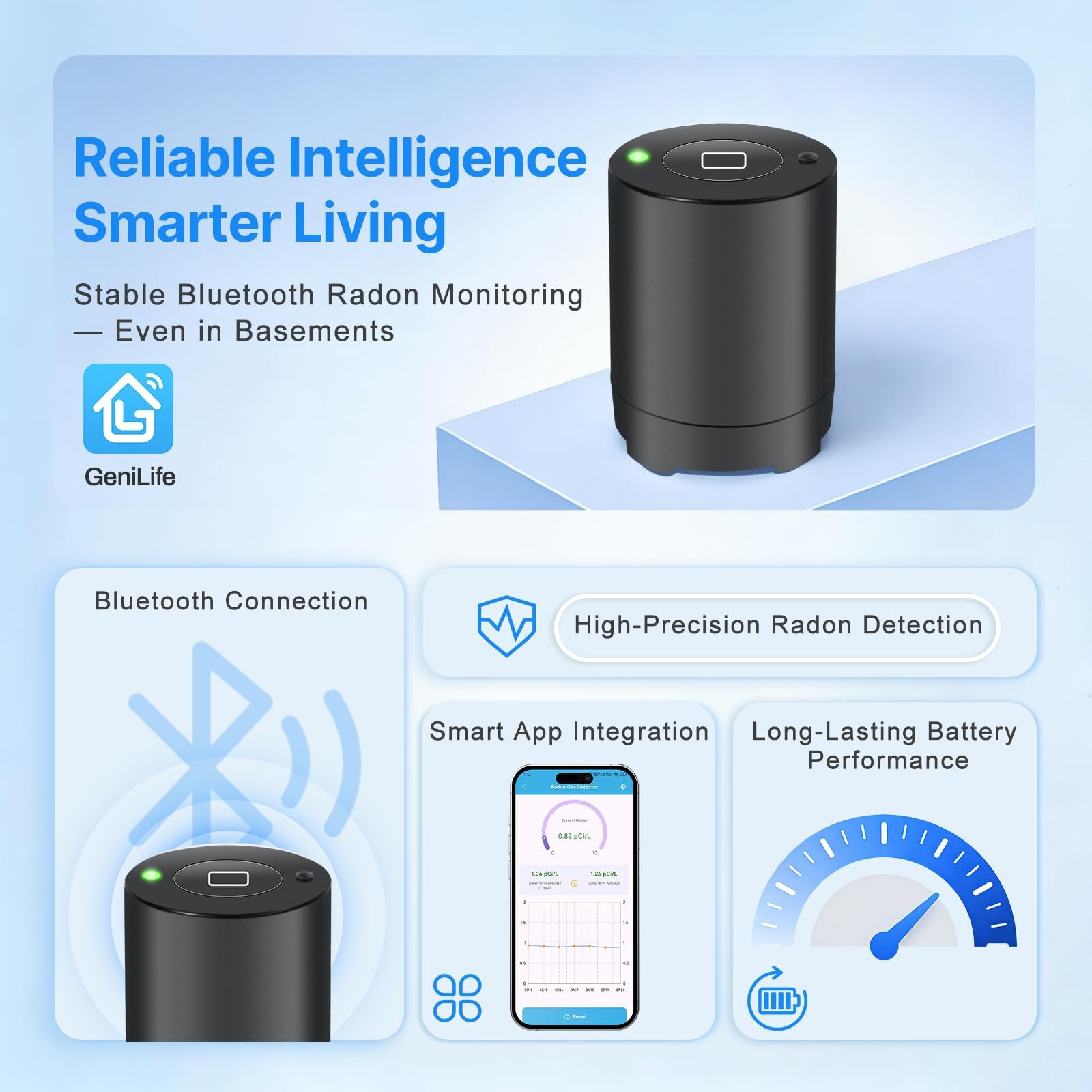 Bluetooth Radon Detector for Home, High-Precision Sensor, Real-Time black