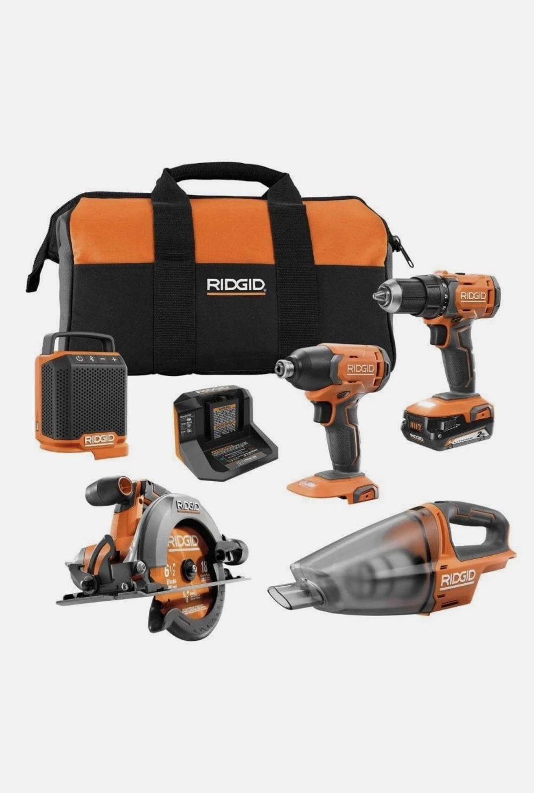 RIDGID 18V Cordless 6-Tool Combo Kit with 2.0 Ah Battery, Charger, and Tool Bag