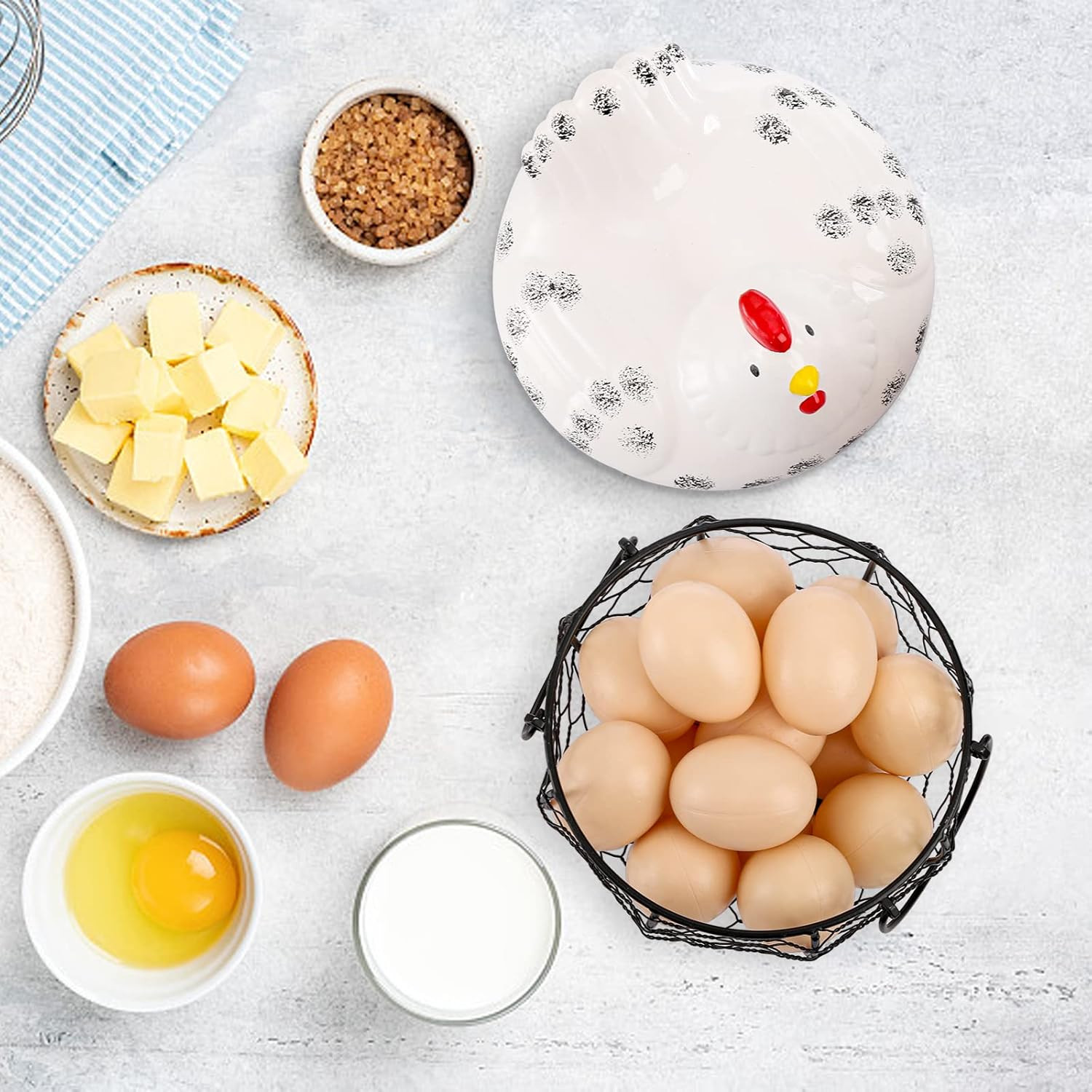 Chicken Egg Basket, Black Wire Egg Collection Baskes with Ceramic Lid for Gat...