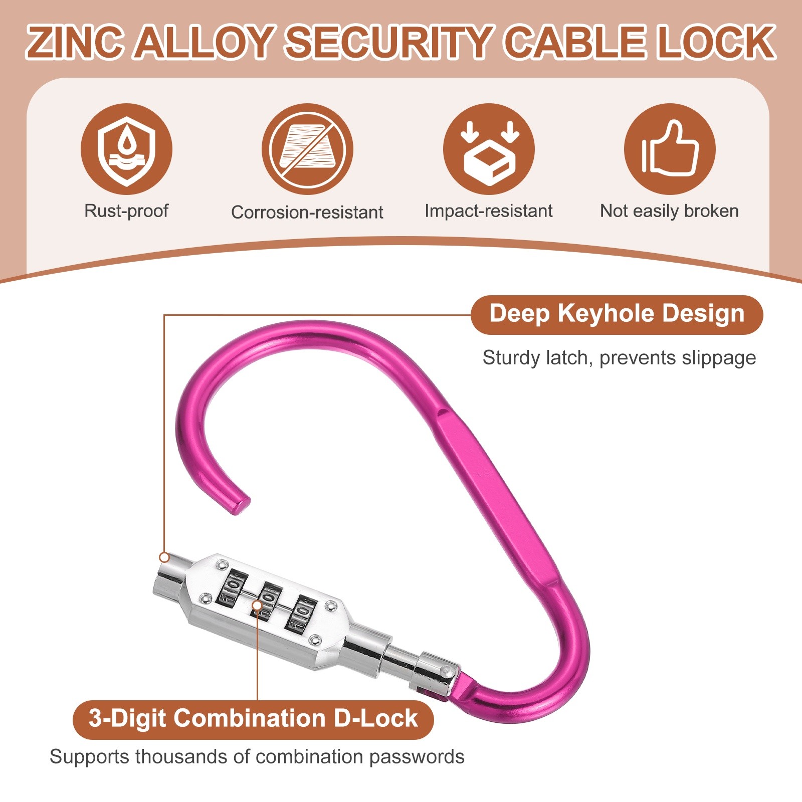 2 Pcs 4.8" x 2.4" D-Shaped 3-Digit Code Combination Lock D-Ring Clip, Pink