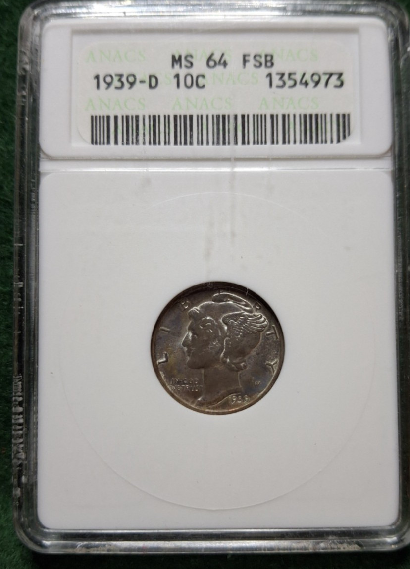 1939 D Mercury Dime - ANACS MS64 FSB - dark toning