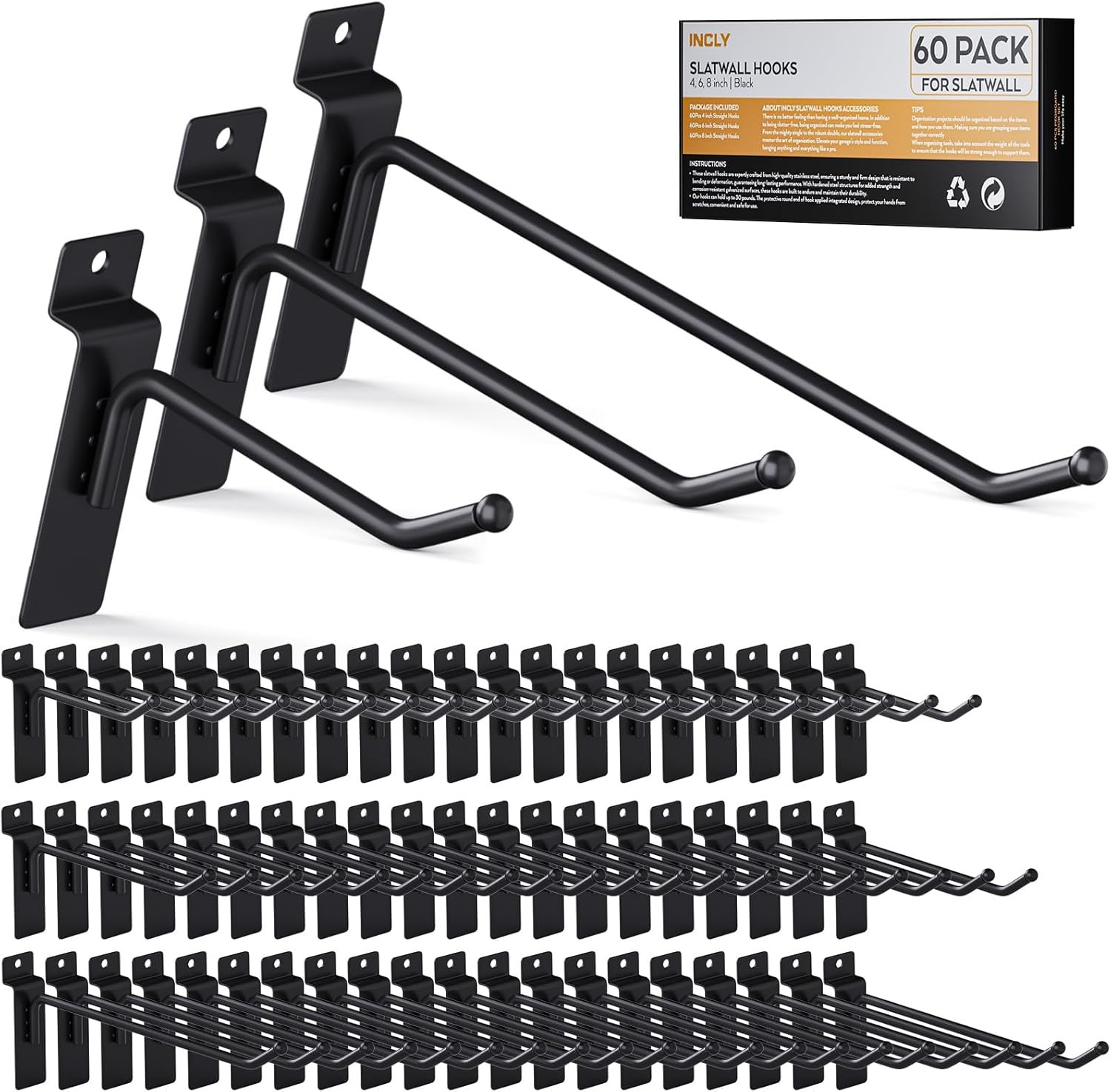 Slatwall Hooks 60 Pcs 4 6 8 Inch Black Steel 30 Lbs Tilt Angle Garage Workshop