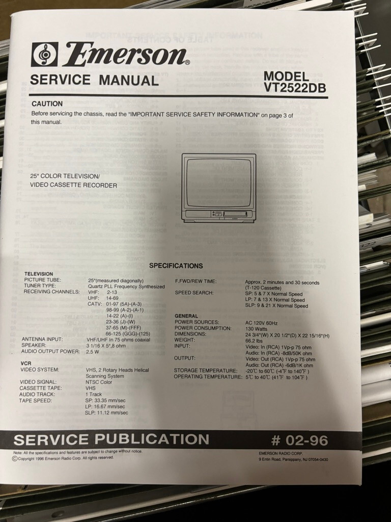 EMERSON VT2522DB VT-2522DB Repair Service Manual FROM THE USA **ORIGINAL**