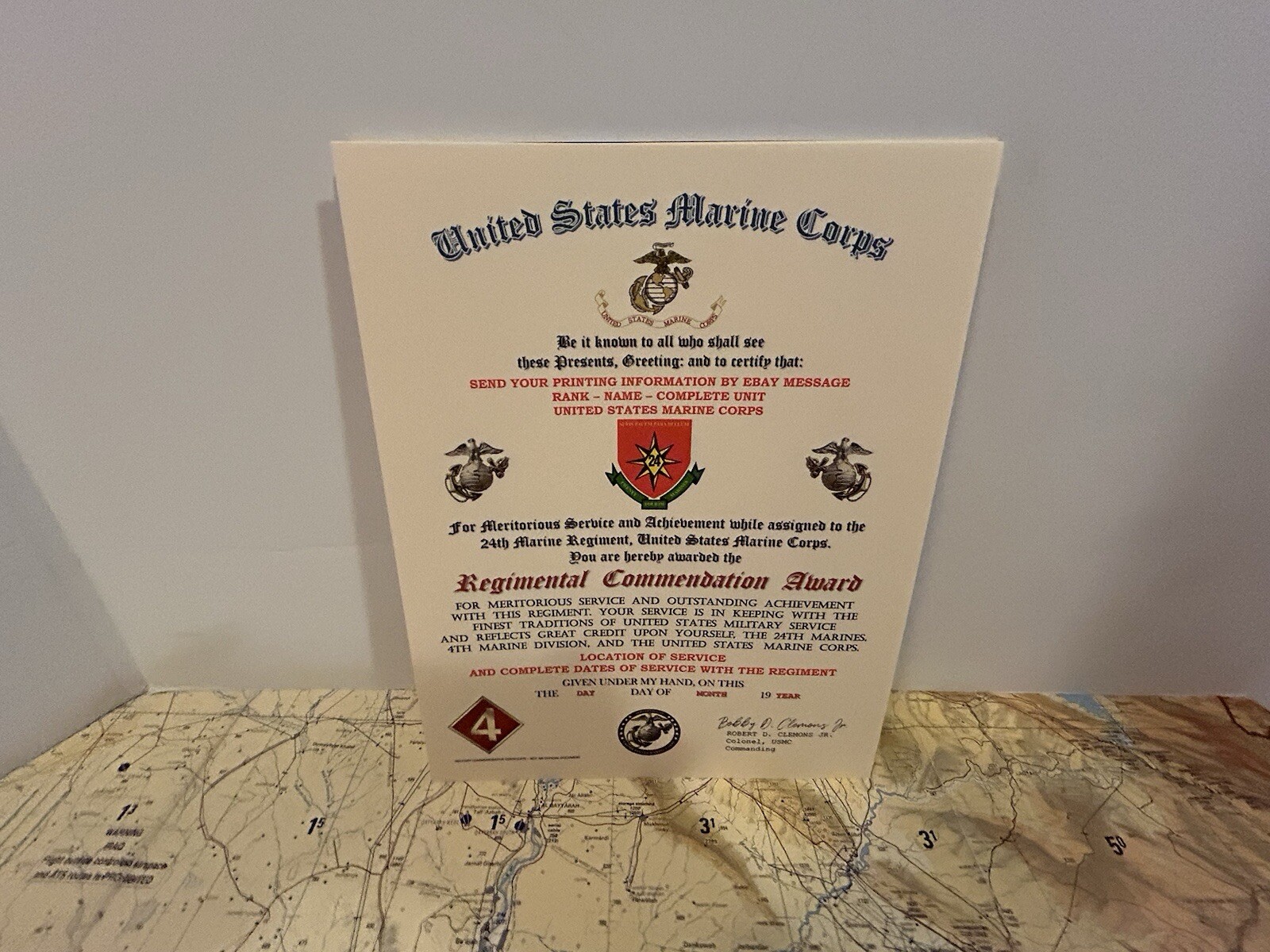 U.S.M.C. / 24TH MARINE REGIMENT - REGIMENTAL COMMENDATION AWARD CERTIFICATE