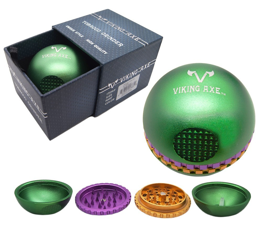 2.5" 63mm VIKING AXE Aluminum Shape of Sphere Ball 4 Piece Grinder Gift Box MAN