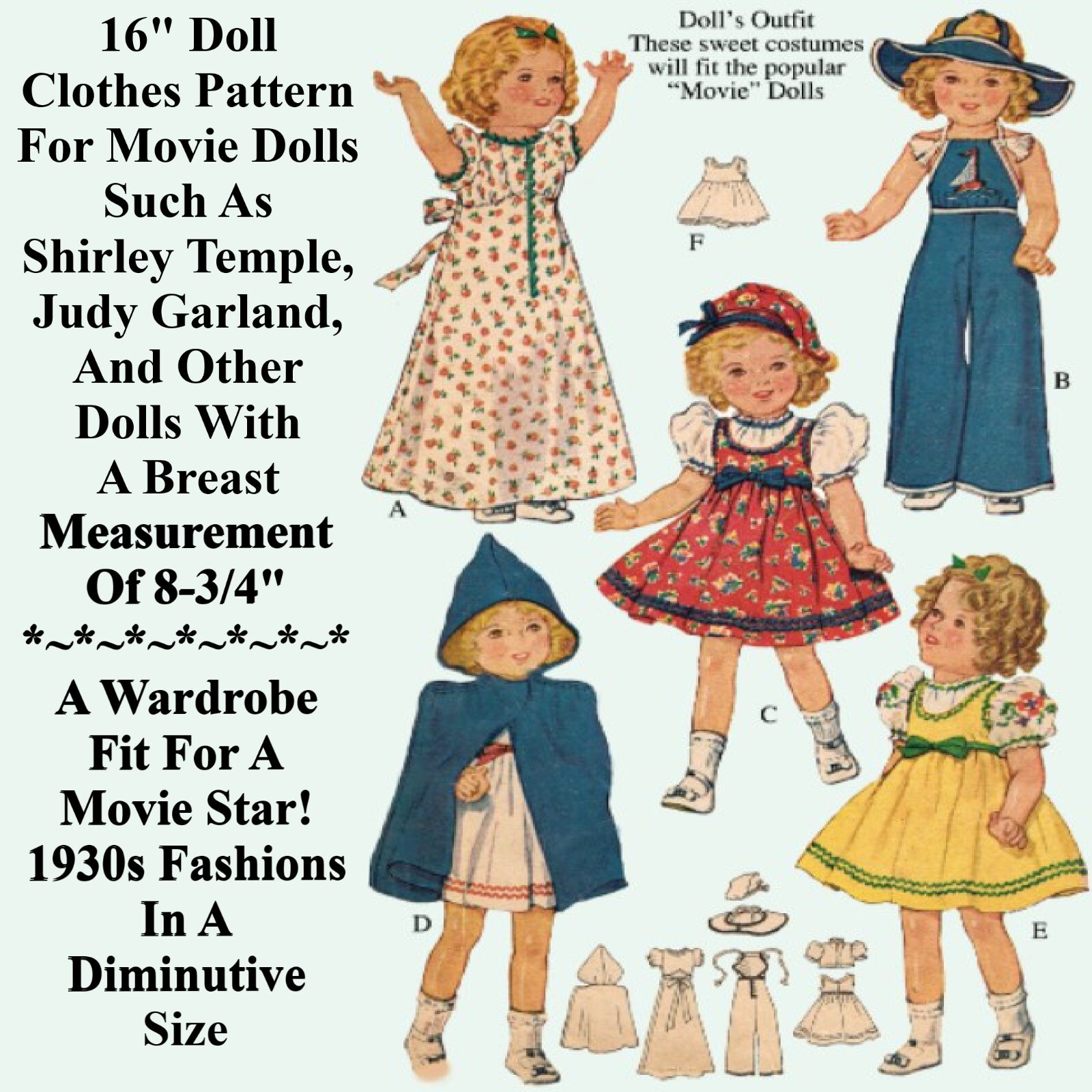 16" Doll Clothes Shirley Temple, Judy Garland Vintage Sewing Pattern