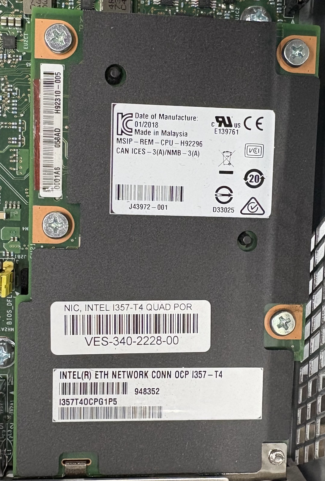 GENUINE INTEL QUAD PORT ETHERNET NIC I357-T4 / I357T40CPG1P5 / H92310-005