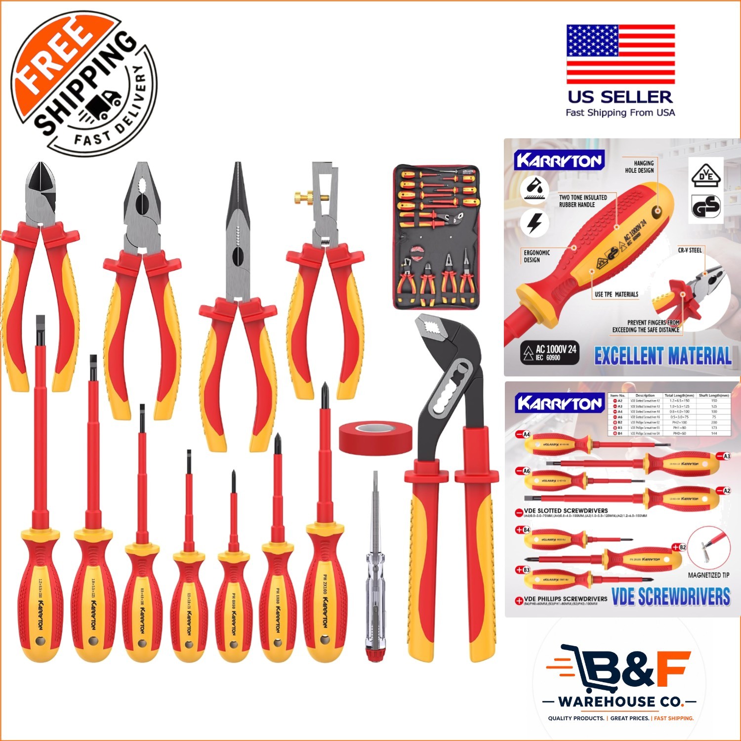Ergonomic 14PC Insulated Electrician Tool Set - Non-Slip Comfort and Durability