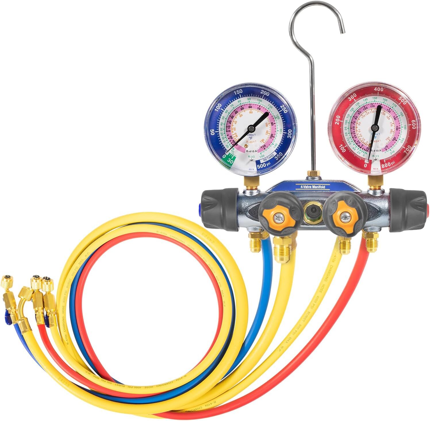 49968 Charging Manifold 4 Valve Test Gauge/ 60" Hose, 3/8"x45° Compact Ball Hose