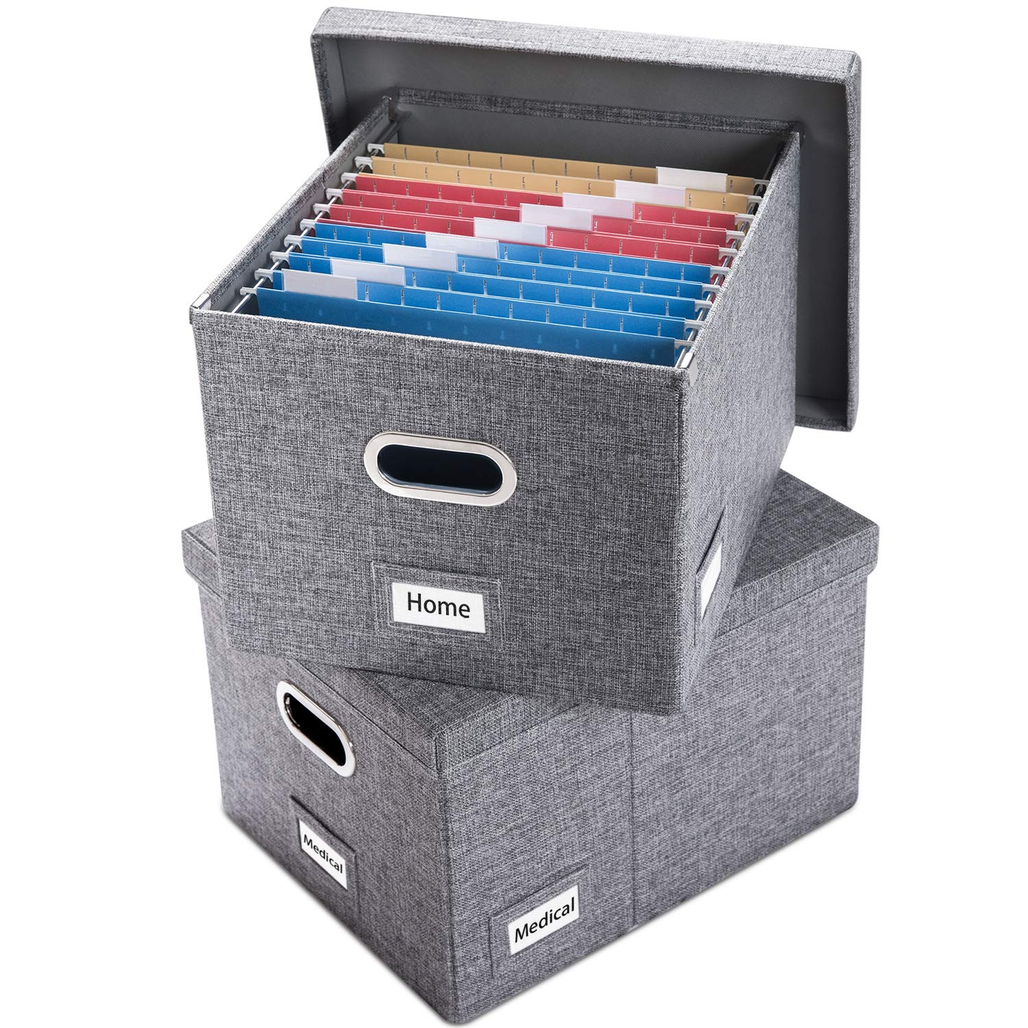 File Organizer Box - Set of 2 Collapsible Decorative Linen Filing Storage Han...